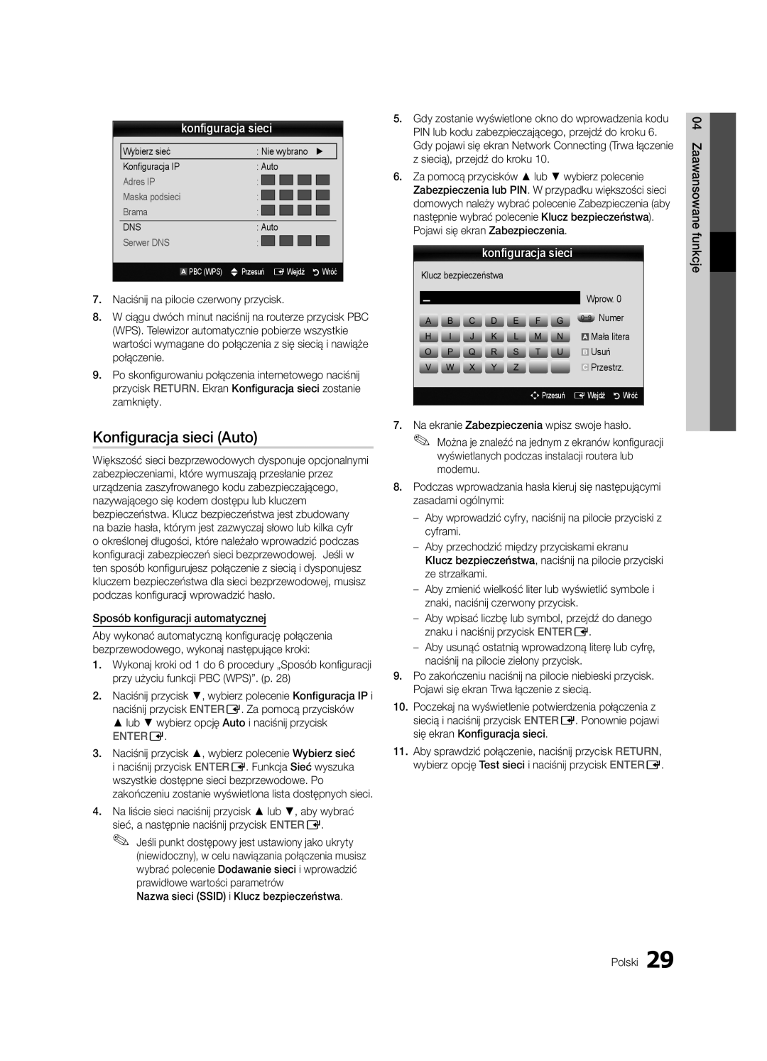 Samsung UE32C6620UWXXH, UE32C6600UWXXH manual Lub wybierz opcję Auto i naciśnij przycisk, Zaawansowane funkcje Polski 