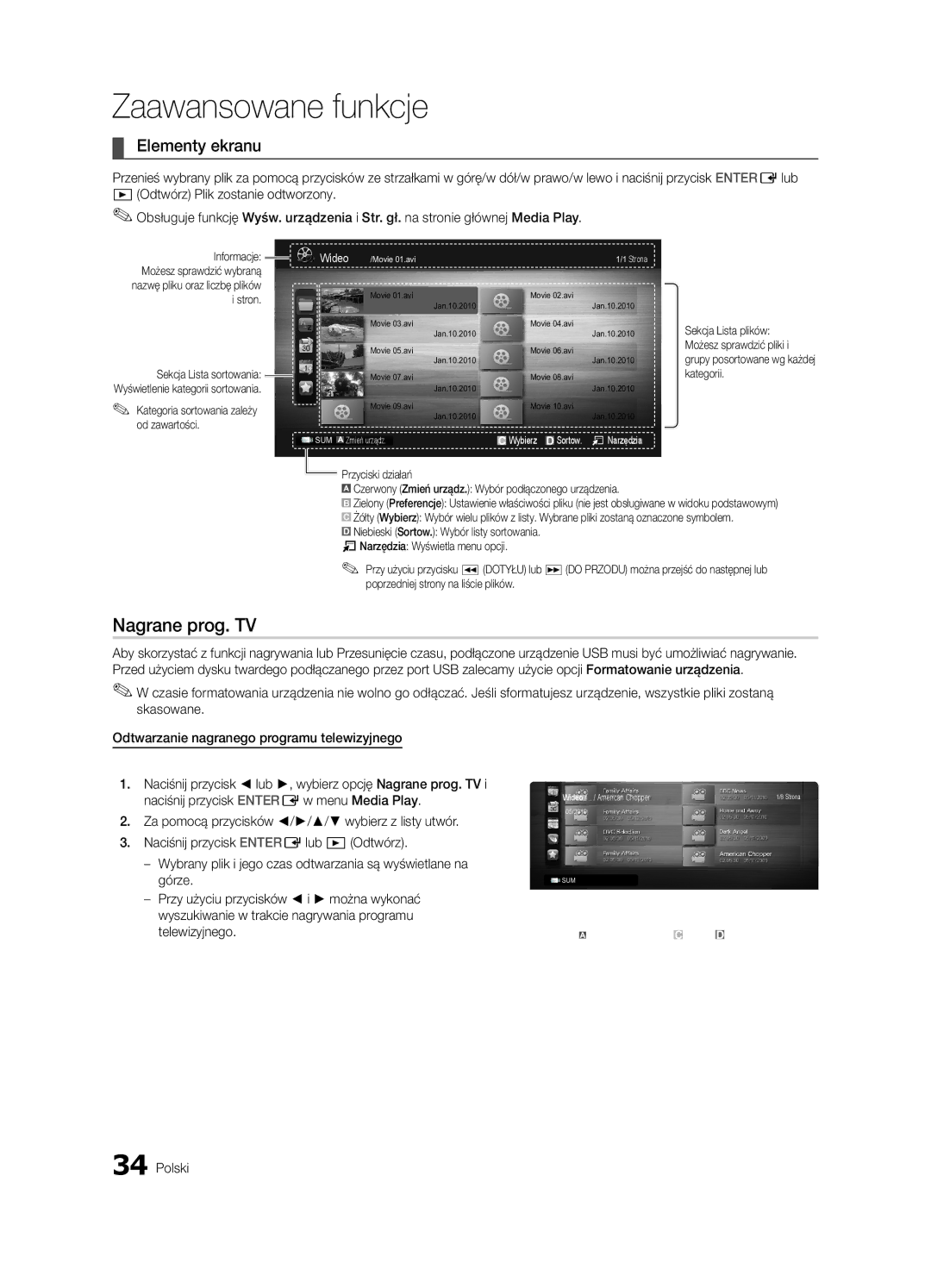 Samsung UE37C6620UWXXH, UE32C6600UWXXH manual Nagrane prog. TV, Elementy ekranu, Kategoria sortowania zależy od zawartości 