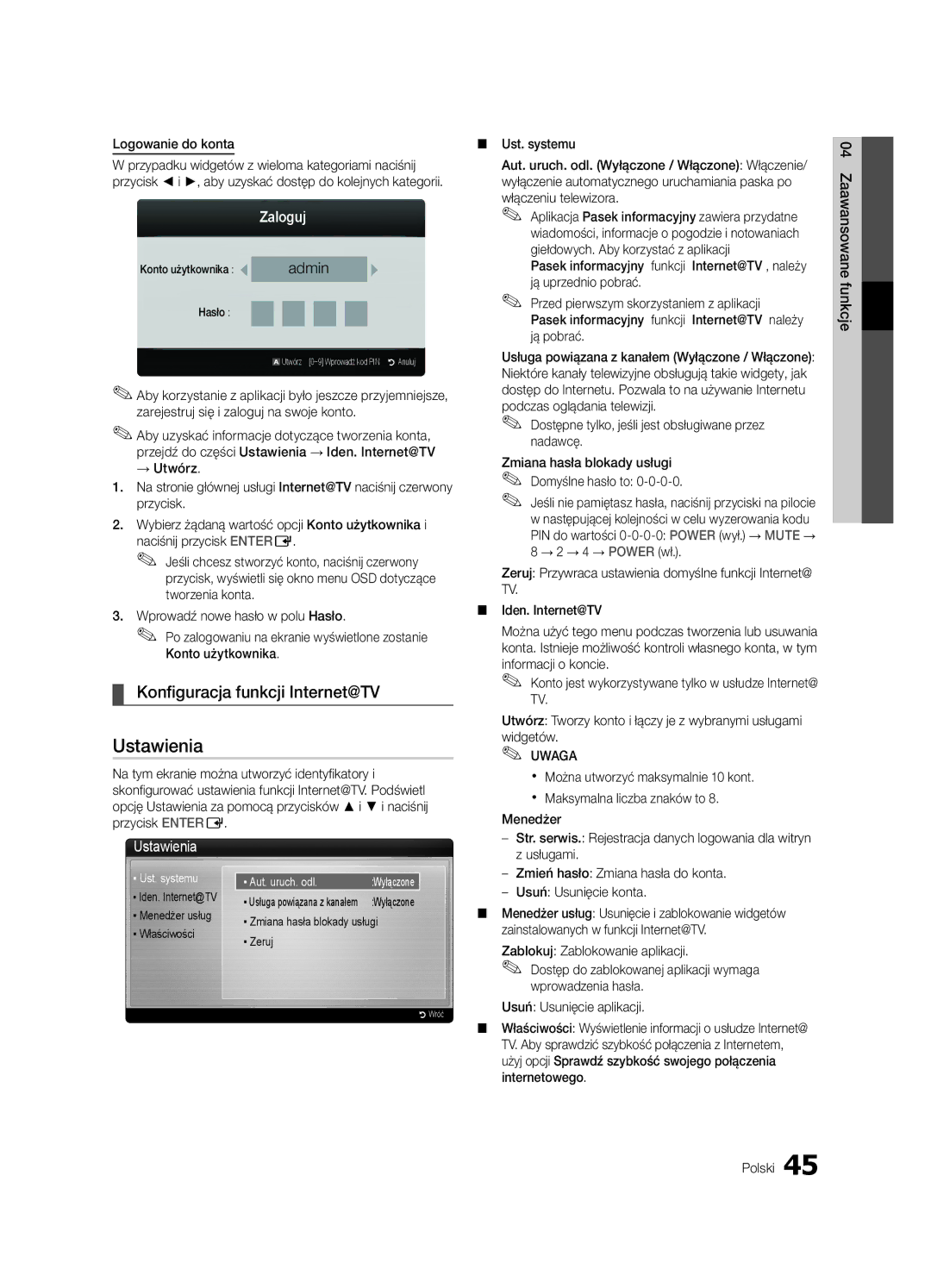 Samsung UE32C6620UWXXH, UE32C6600UWXXH manual Konfiguracja funkcji Internet@TV, Zaloguj, Ustawienia, Logowanie do konta 