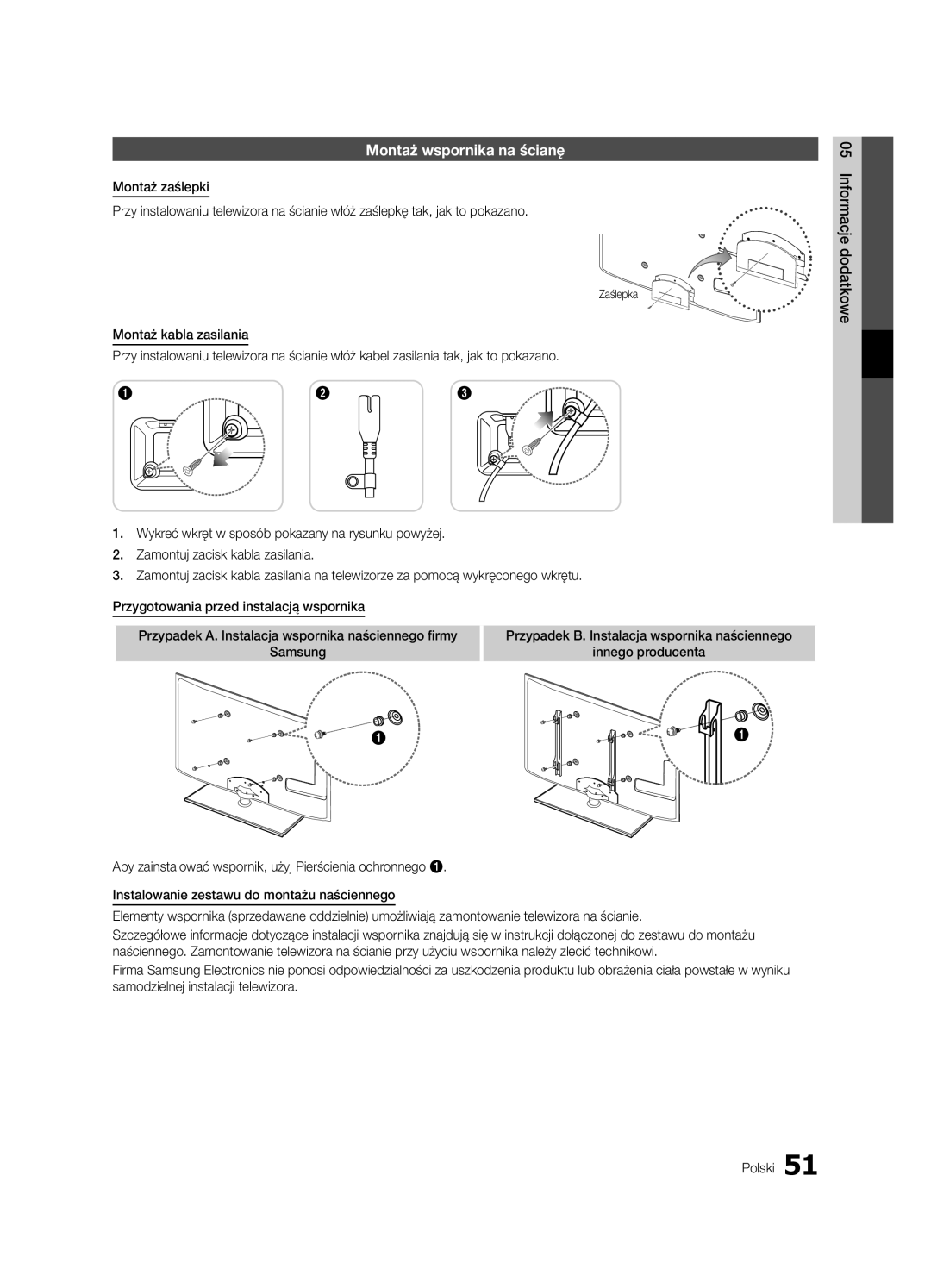 Samsung UE46C6600UWXXH, UE32C6600UWXXH, UE40C6600UWXXH manual Montaż wspornika na ścianę, Zaślepka, Innego producenta 