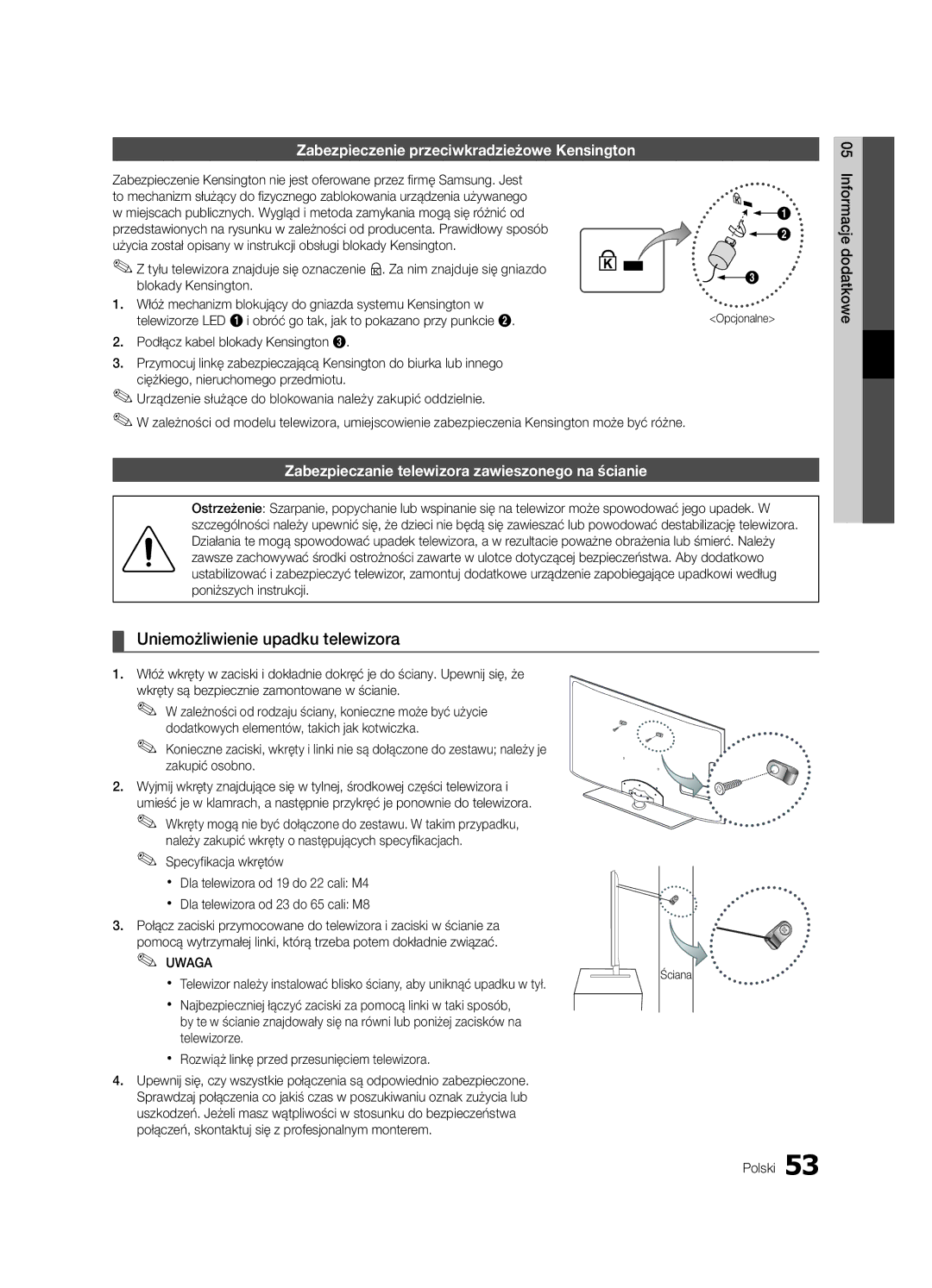 Samsung UE32C6620UWXXH, UE32C6600UWXXH Uniemożliwienie upadku telewizora, Zabezpieczenie przeciwkradzieżowe Kensington 