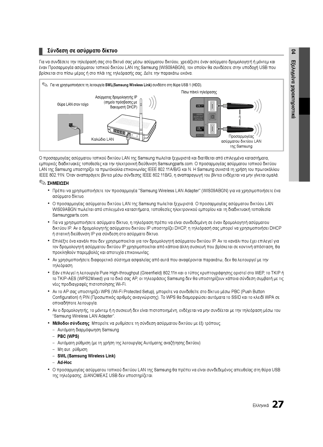 Samsung UE46C6620UWXXH, UE32C6600UWXXH manual SWL Samsung Wireless Link Ad-Hoc, Σημείο πρόσβασης με Διακομιστή Dhcp 