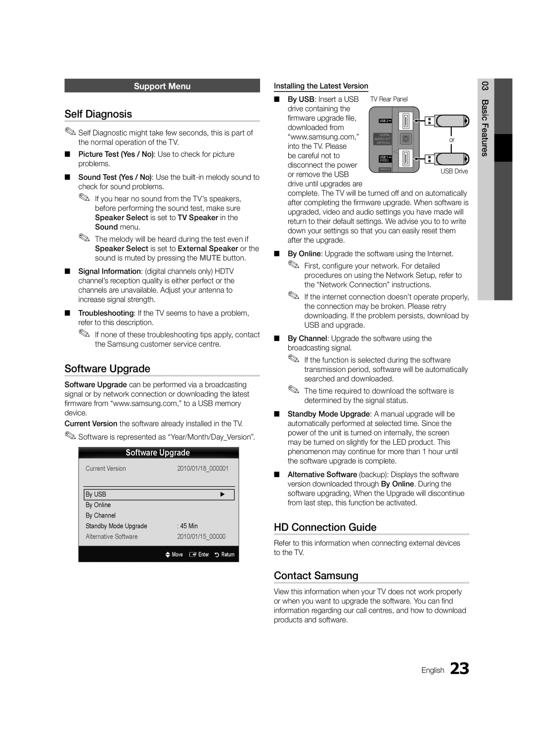 Samsung UE46C6620UWXXH, UE32C6600UWXXH manual Self Diagnosis, Software Upgrade, HD Connection Guide, Contact Samsung 