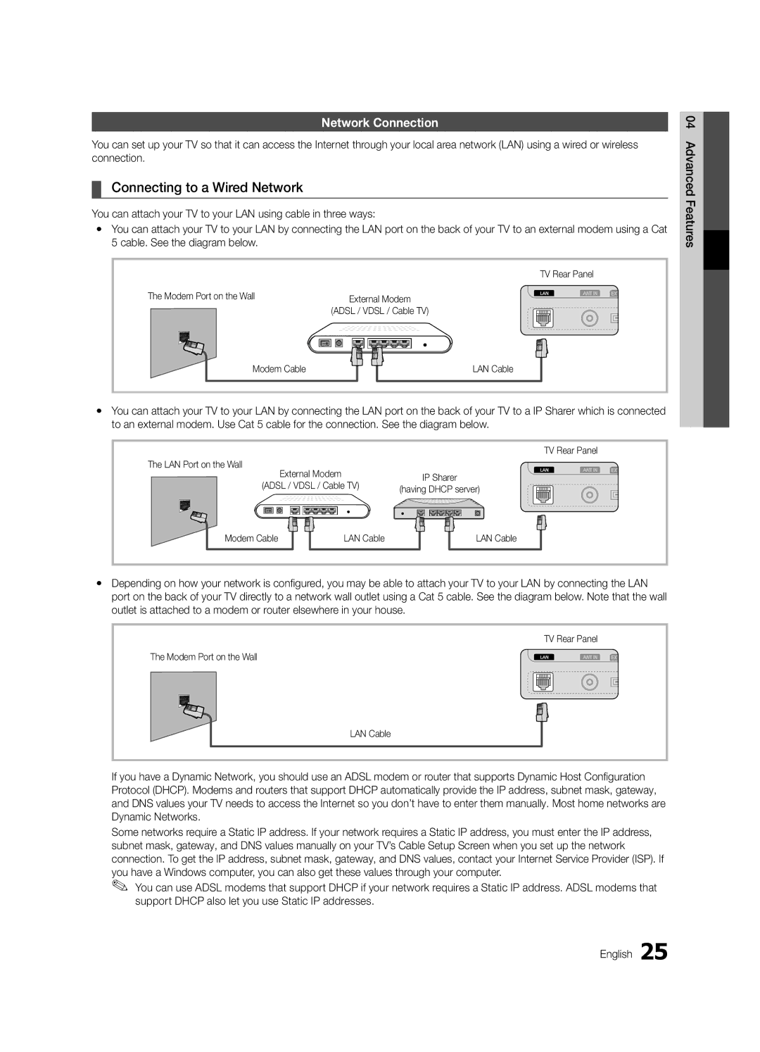 Samsung UE40C6600UWXXH, UE32C6600UWXXH, UE37C6620UWXXH, UE46C6600UWXXH Connecting to a Wired Network, Network Connection 