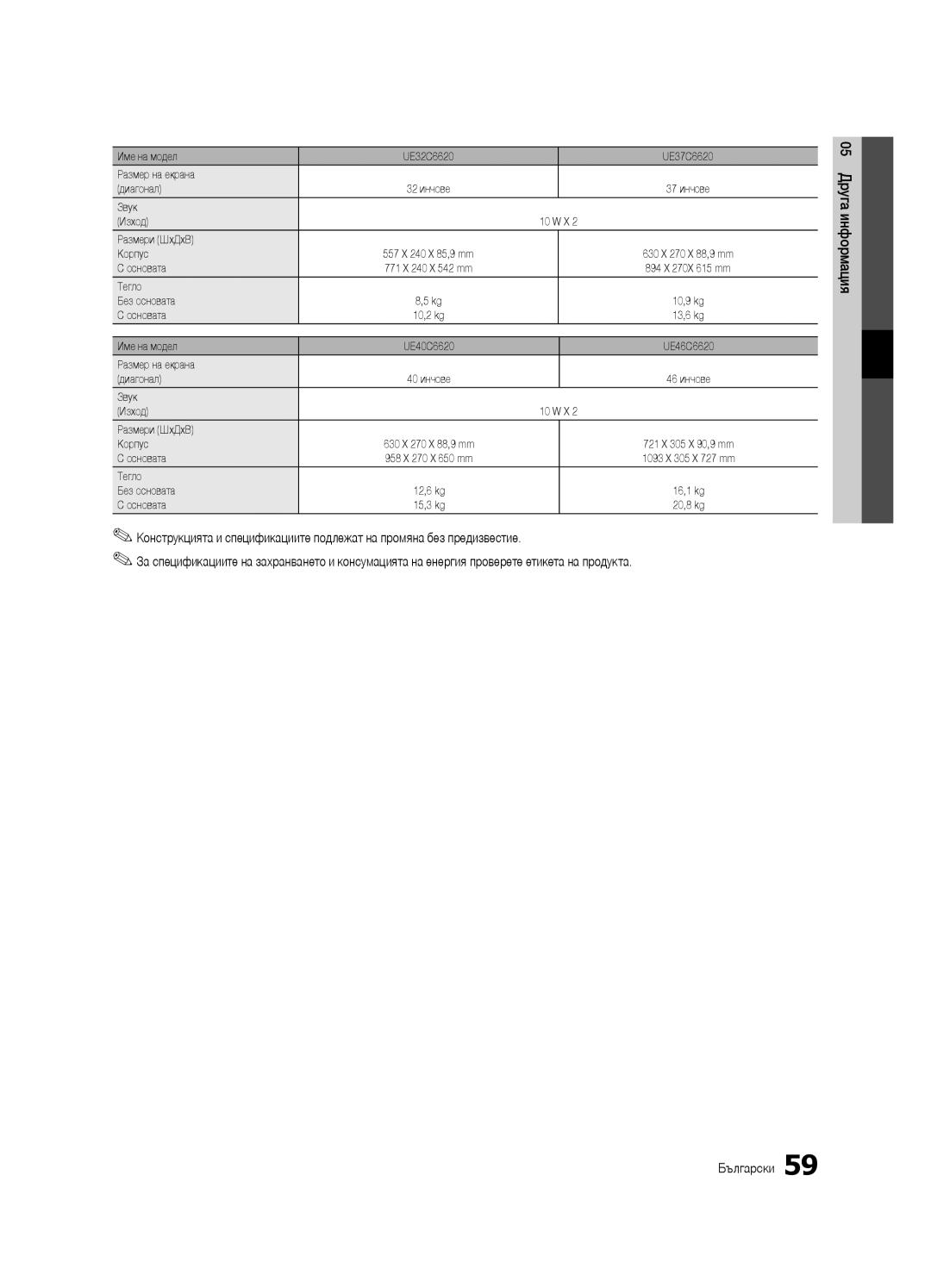 Samsung UE46C6600UWXXH, UE32C6600UWXXH, UE40C6600UWXXH manual UE32C6620 UE37C6620, 557 X 240 X 85,9 mm, UE40C6620 UE46C6620 