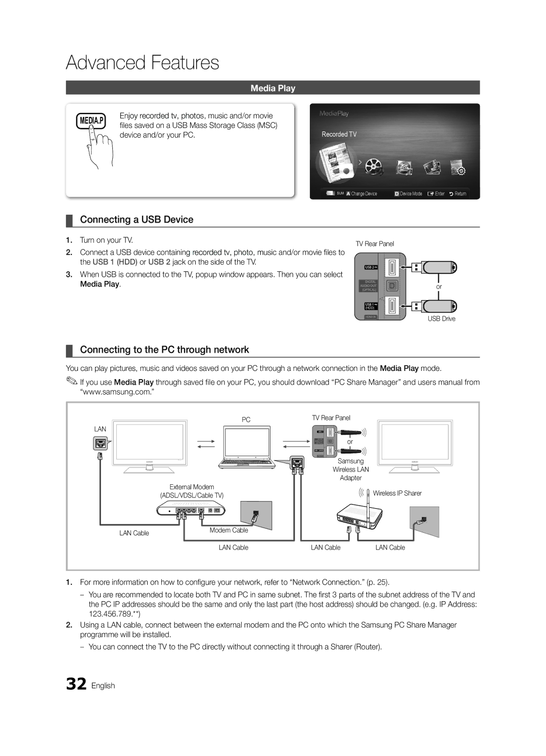 Samsung UE32C6600UWXXH Connecting a USB Device, Connecting to the PC through network, Media Play, Device and/or your PC 