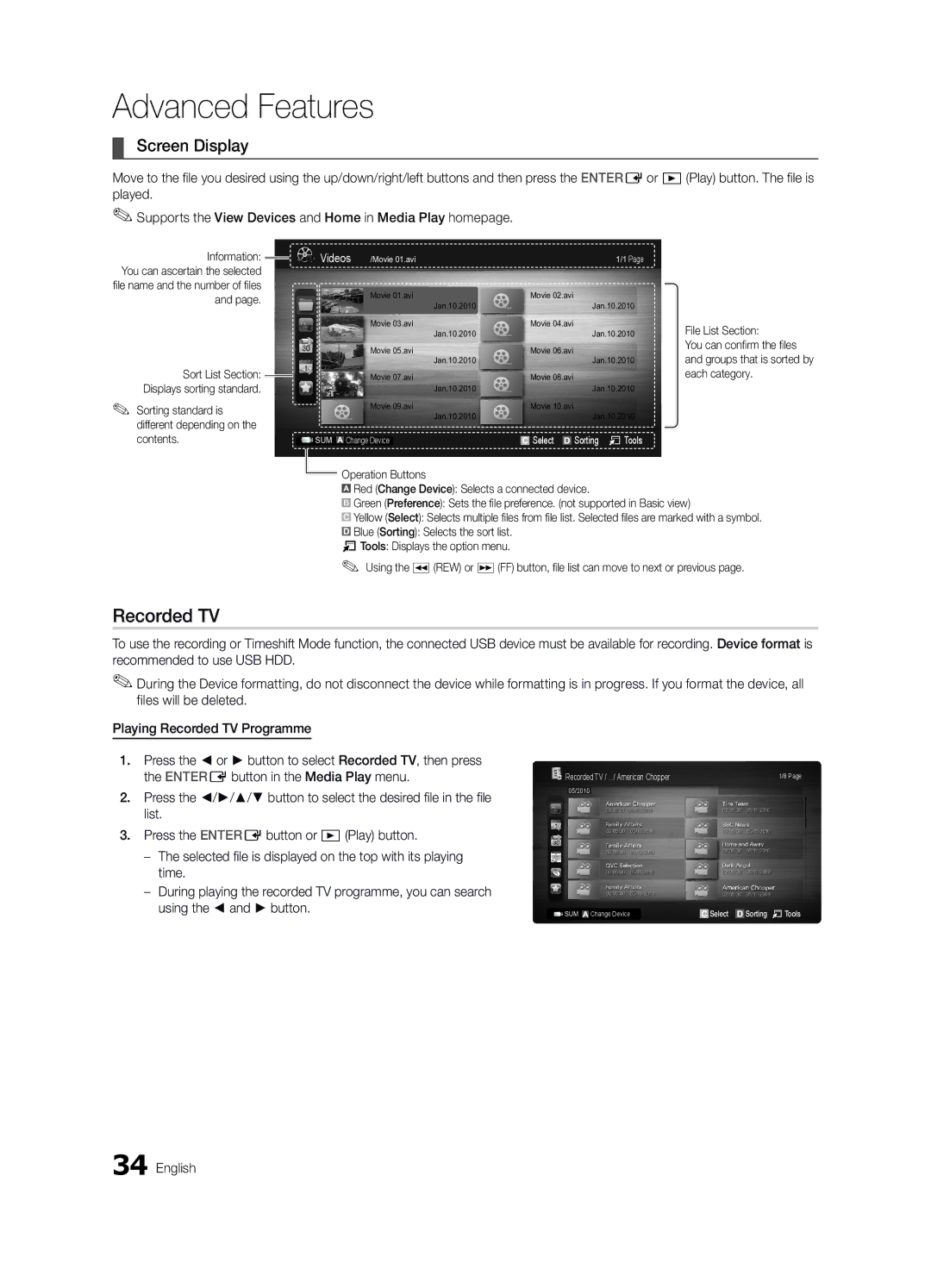 Samsung UE37C6620UWXXH, UE32C6600UWXXH manual Screen Display, Sorting standard is different depending on the contents 