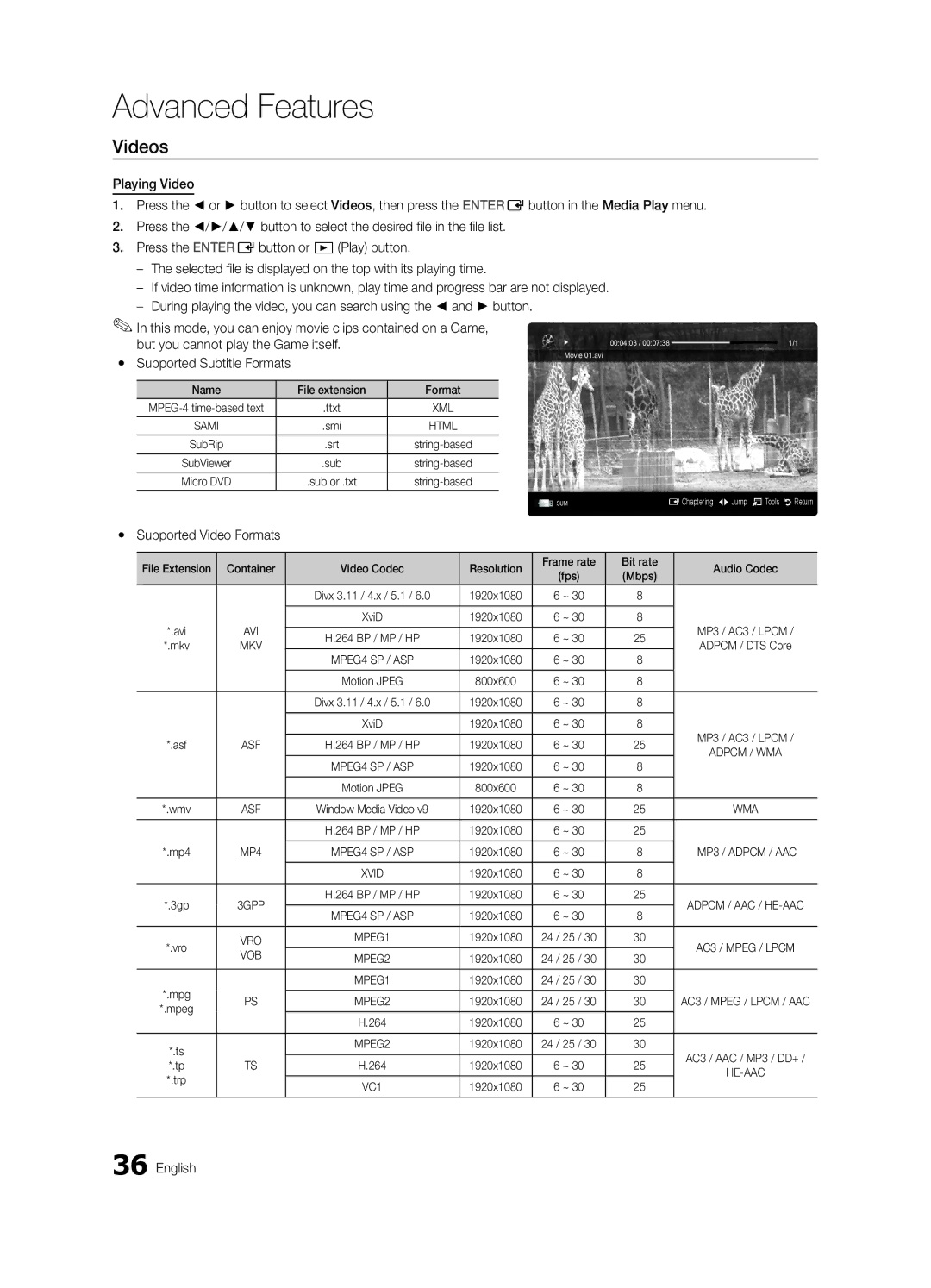 Samsung UE37C6600UWXXH, UE32C6600UWXXH, UE40C6600UWXXH, UE37C6620UWXXH, UE46C6600UWXXH Videos, Yy Supported Video Formats 