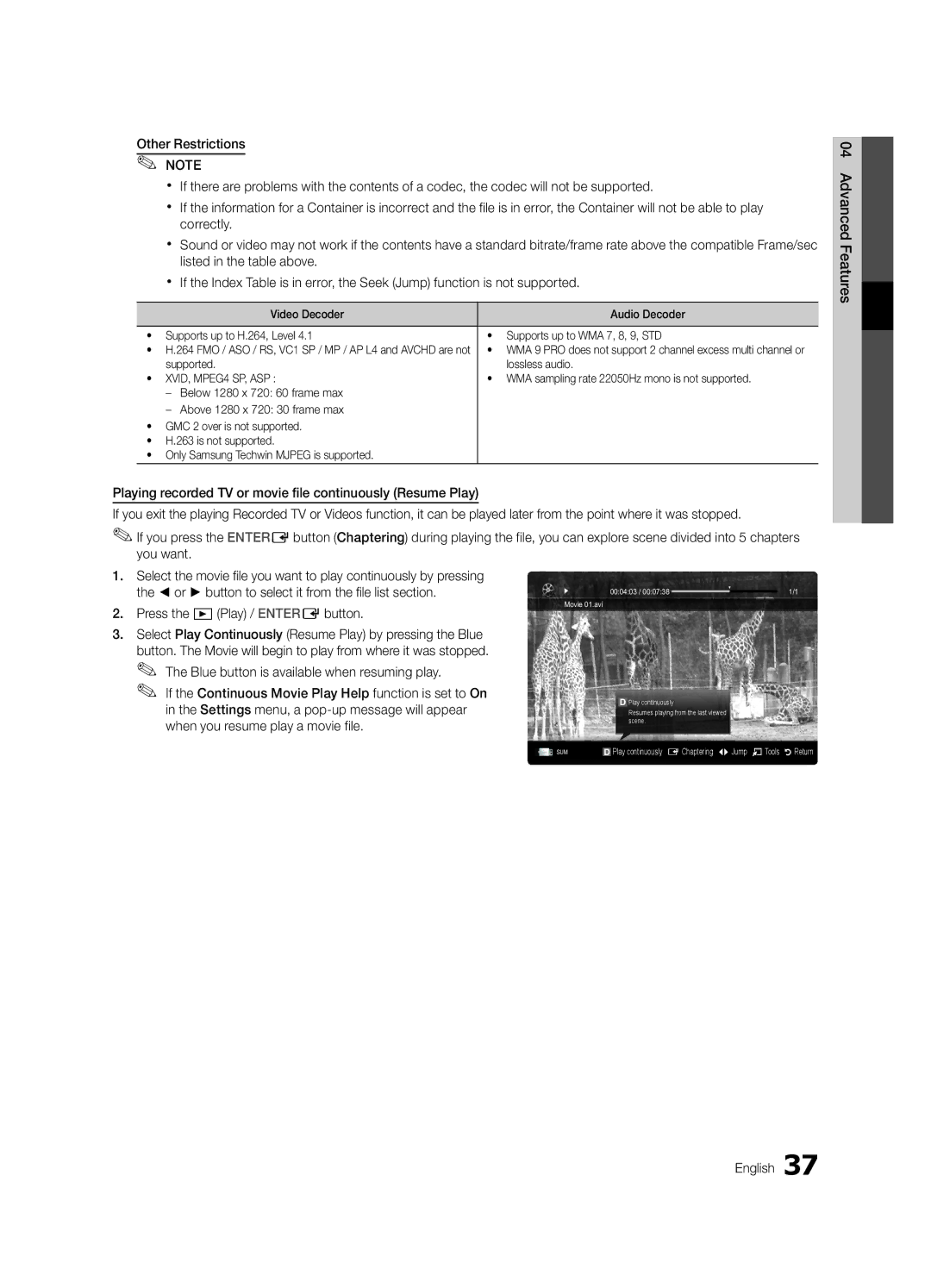 Samsung UE32C6620UWXXH, UE32C6600UWXXH manual Supported Lossless audio, WMA sampling rate 22050Hz mono is not supported 