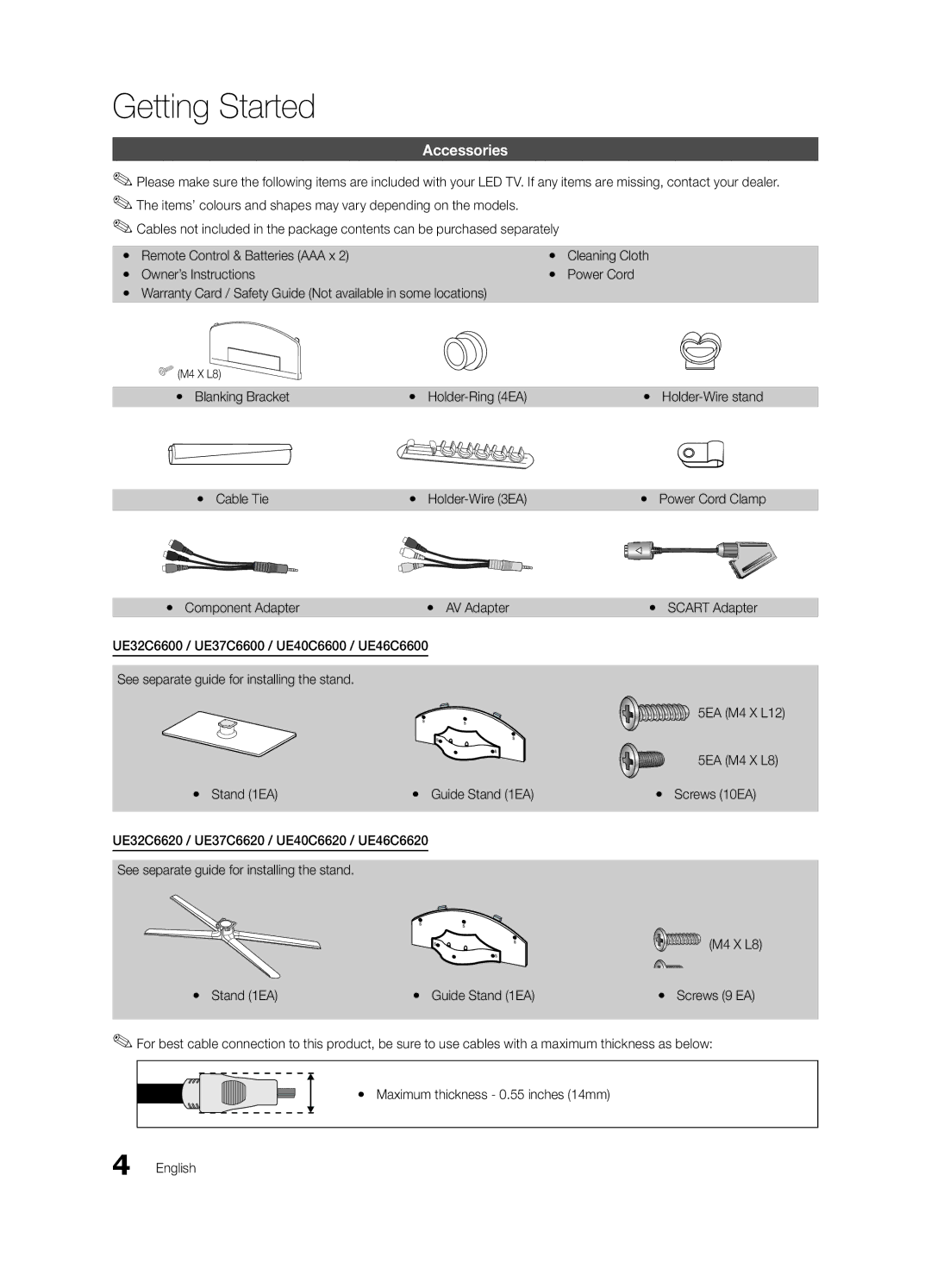 Samsung UE37C6600UWXXH manual Getting Started, Accessories, Yy Blanking Bracket, Yy Cable Tie, Yy Component Adapter 