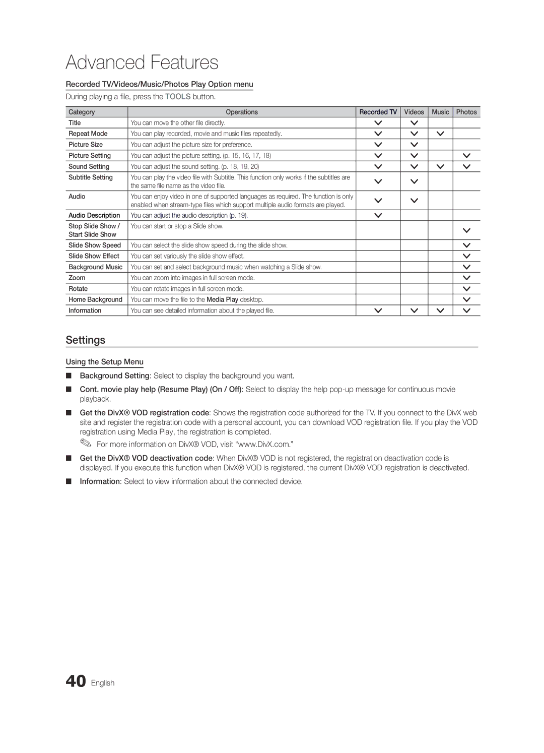 Samsung UE32C6600UWXXH manual Settings, Category Operations, Same file name as the video file Audio, Audio Description 