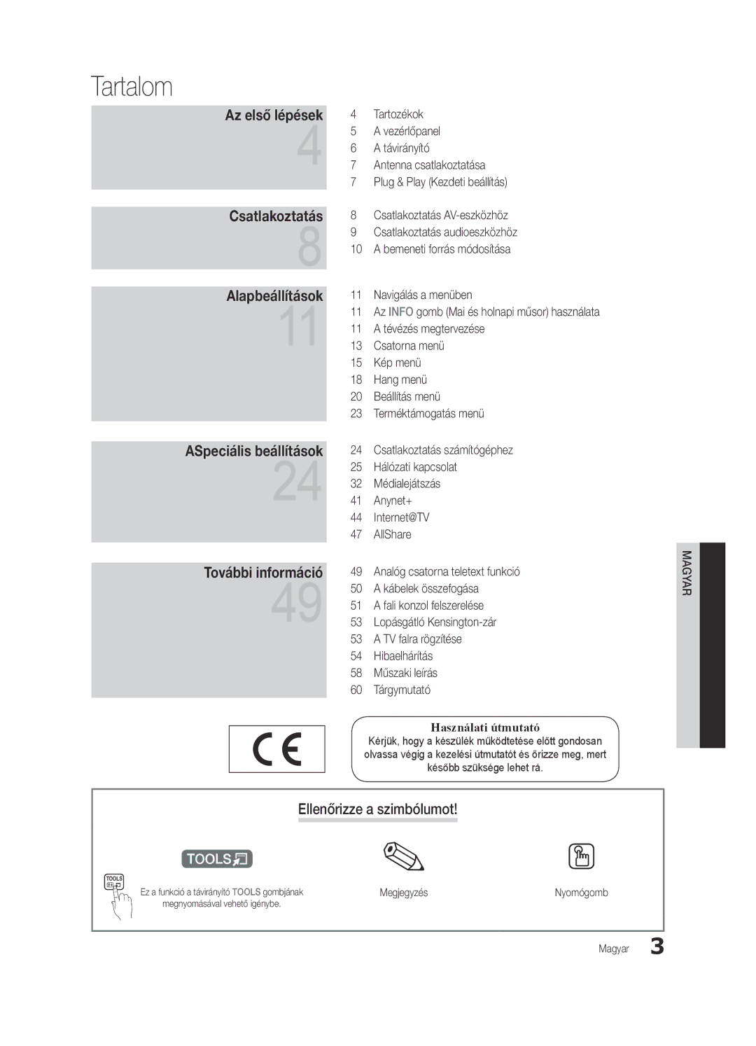 Samsung UE46C6620UWXXH, UE32C6600UWXXH manual Tartalom, Ellenőrizze a szimbólumot, Lopásgátló Kensington-zár, Megjegyzés 