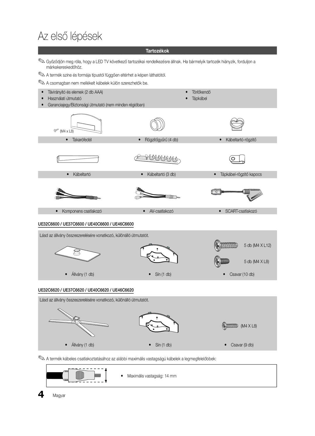 Samsung UE32C6600UWXXH, UE40C6600UWXXH, UE37C6620UWXXH, UE46C6600UWXXH, UE37C6600UWXXH manual Az első lépések, Tartozékok 