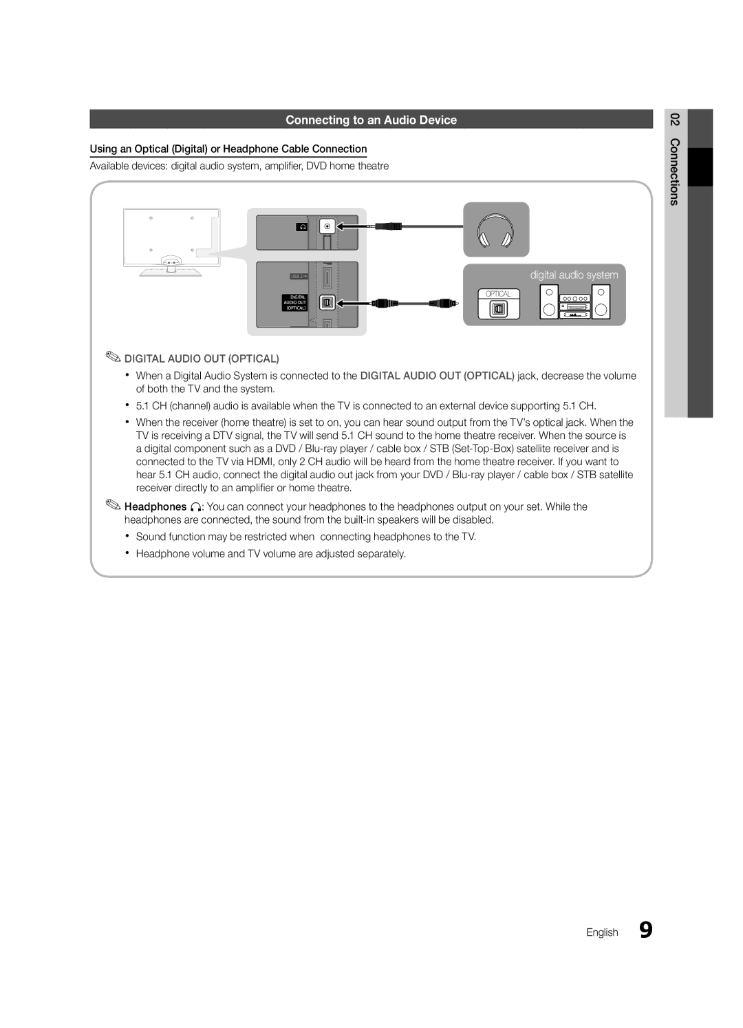 Samsung UE40C6600UWXXH, UE32C6600UWXXH, UE37C6620UWXXH, UE46C6600UWXXH, UE37C6600UWXXH manual Connecting to an Audio Device 