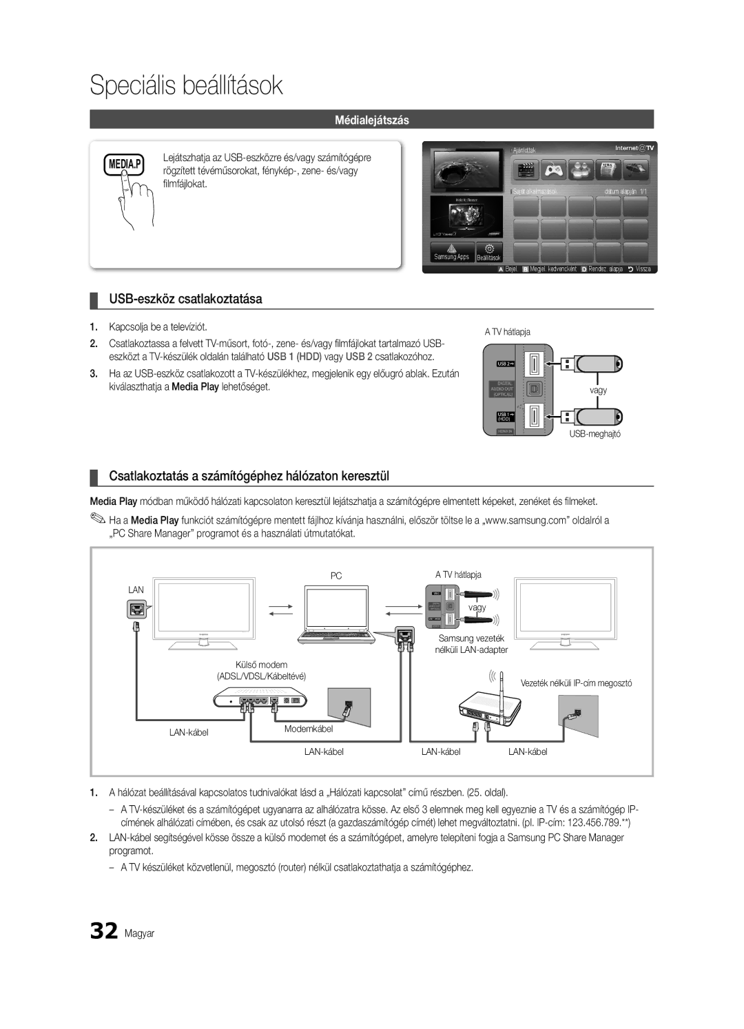 Samsung UE37C6600UWXXH USB-eszköz csatlakoztatása, Csatlakoztatás a számítógéphez hálózaton keresztül, Médialejátszás 