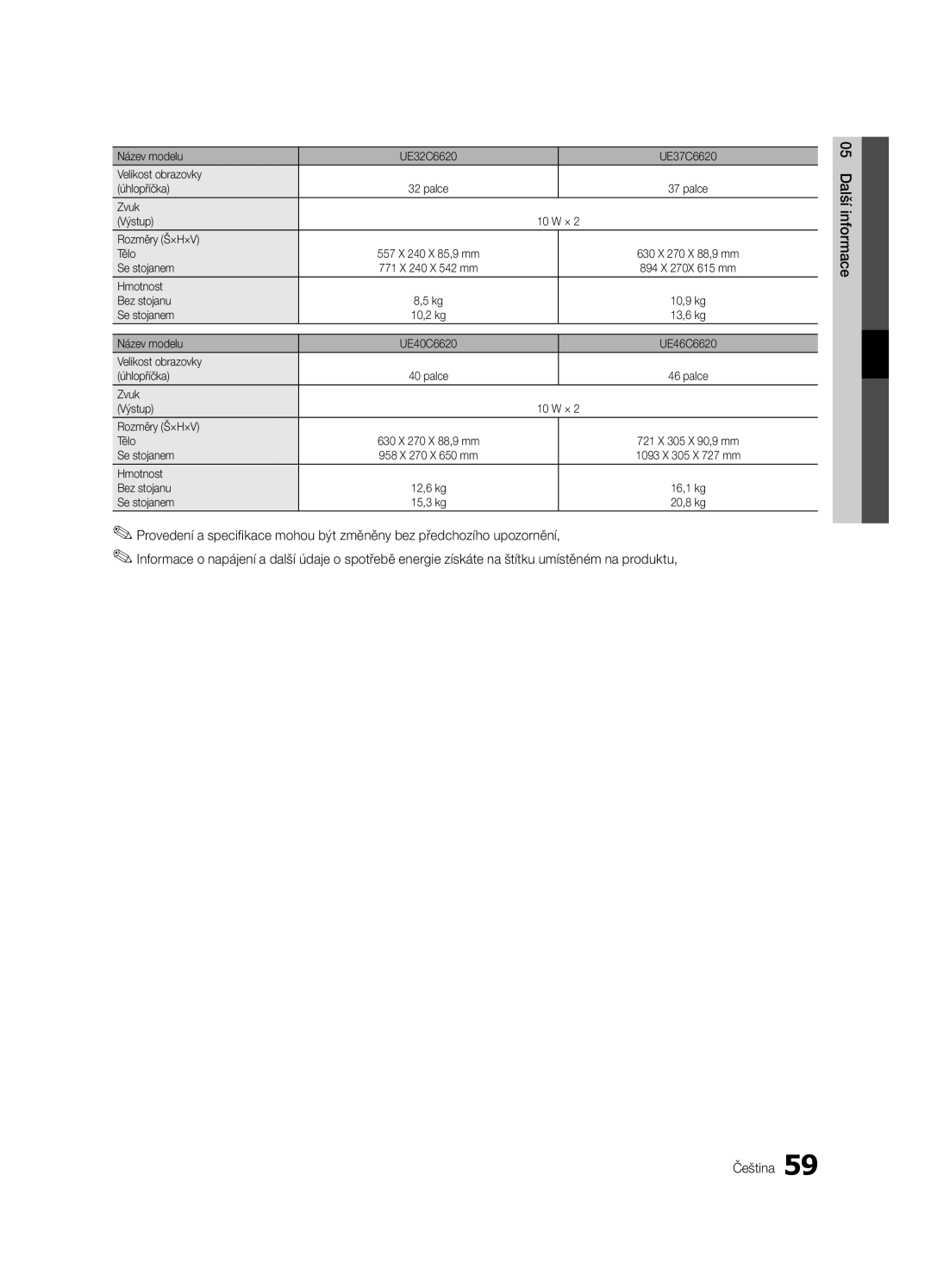 Samsung UE46C6620UWXXH, UE32C6600UWXXH, UE40C6600UWXXH, UE37C6620UWXXH, UE46C6600UWXXH Zvuk Výstup 10 W × Rozměry Š×H×V Tělo 