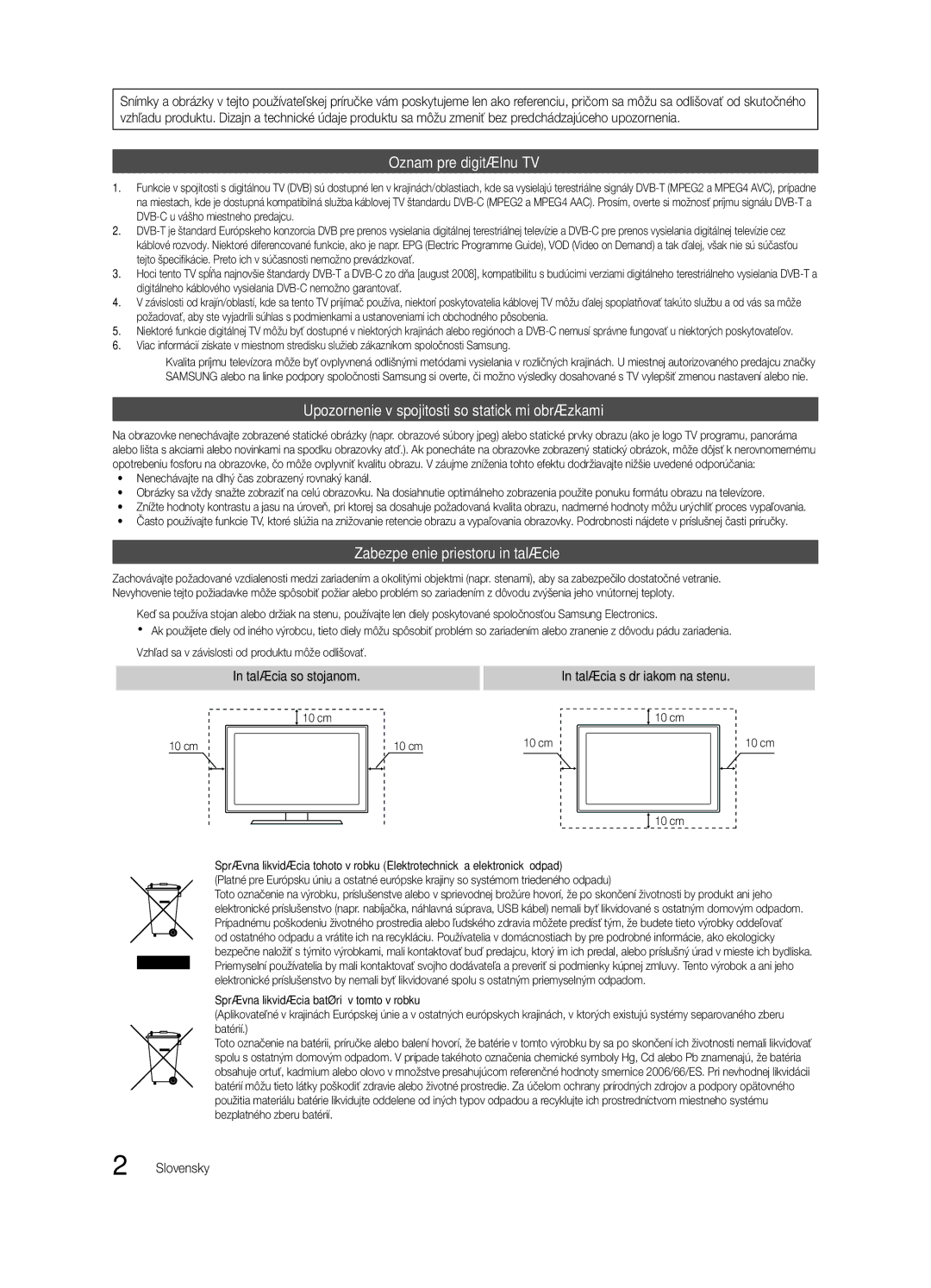 Samsung UE37C6620UWXXH, UE32C6600UWXXH, UE40C6600UWXXH, UE46C6600UWXXH manual Inštalácia s držiakom na stenu, Slovensky 