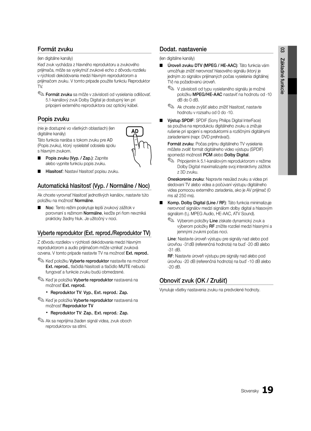 Samsung UE46C6600UWXXH, UE32C6600UWXXH manual Formát zvuku, Popis zvuku, Dodat. nastavenie, Obnoviť zvuk OK / Zrušiť 