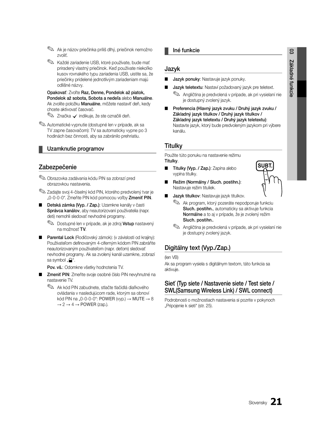 Samsung UE32C6620UWXXH, UE32C6600UWXXH, UE40C6600UWXXH manual Zabezpečenie, Digitálny text Vyp./Zap, Uzamknutie programov 