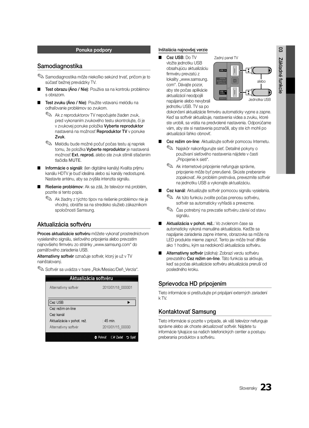 Samsung UE46C6620UWXXH manual Samodiagnostika, Aktualizácia softvéru, Sprievodca HD pripojením, Kontaktovať Samsung 