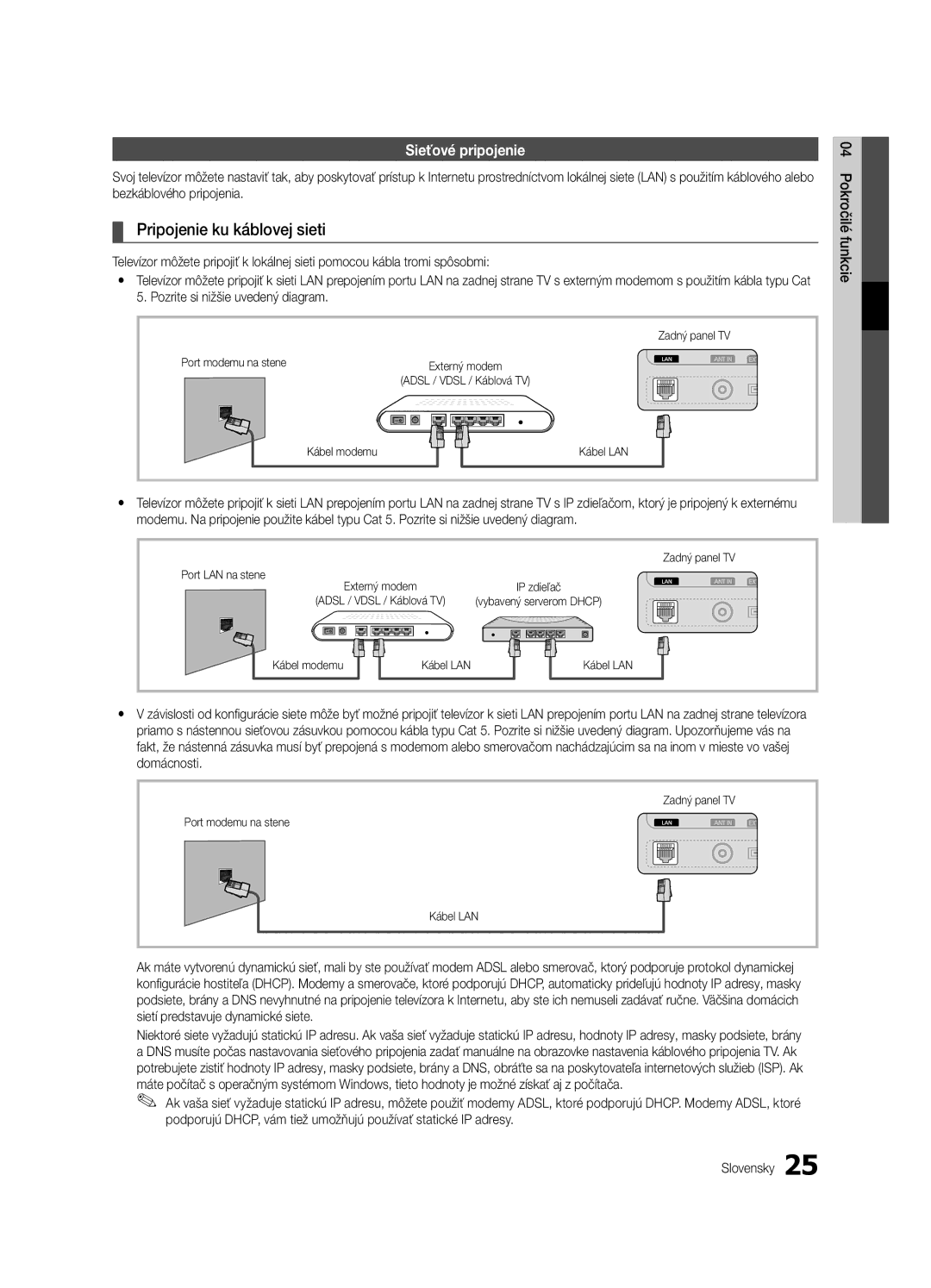 Samsung UE40C6600UWXXH, UE32C6600UWXXH, UE37C6620UWXXH, UE46C6600UWXXH manual Pripojenie ku káblovej sieti, Sieťové pripojenie 