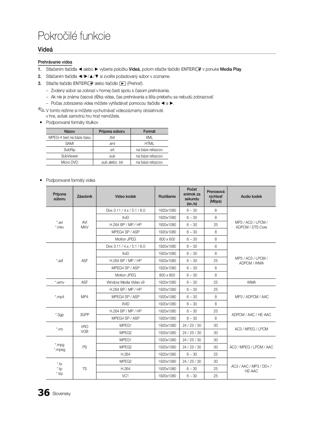 Samsung UE37C6600UWXXH, UE32C6600UWXXH Videá, Hre, avšak samotnú hru hrať nemôžete, Podporované formáty videa Počet, Sn./s 