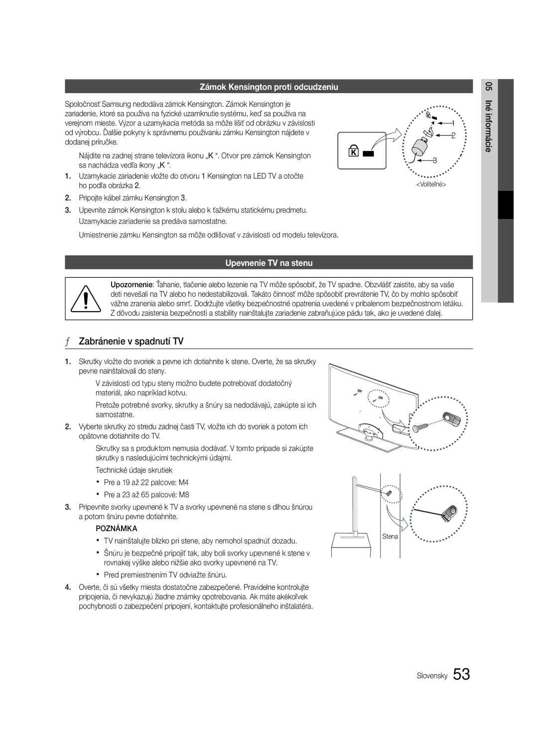 Samsung UE32C6620UWXXH manual Zabránenie v spadnutí TV, Zámok Kensington proti odcudzeniu, Upevnenie TV na stenu, Voliteľné 