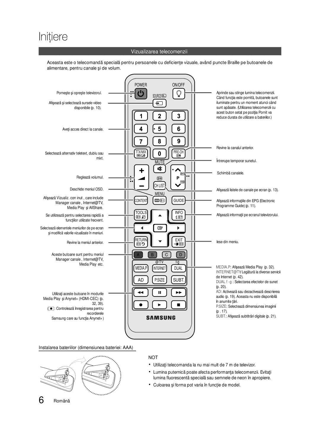 Samsung UE37C6620UWXXH, UE32C6600UWXXH manual Instalarea bateriilor dimensiunea bateriei AAA, Aveţi acces direct la canale 