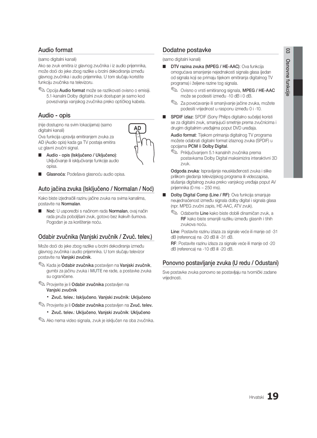 Samsung UE46C6600UWXXH, UE32C6600UWXXH, UE40C6600UWXXH, UE37C6620UWXXH manual Audio format, Audio opis, Dodatne postavke 