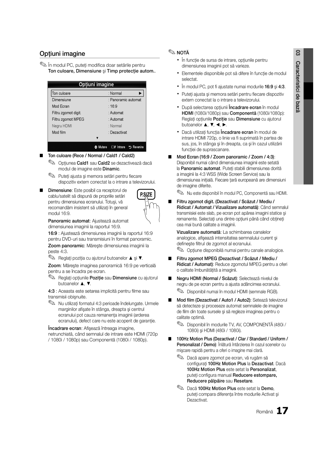 Samsung UE32C6620UWXXH, UE32C6600UWXXH, UE40C6600UWXXH manual Opţiuni imagine, Ton culoare Rece / Normal / Cald1 / Cald2 