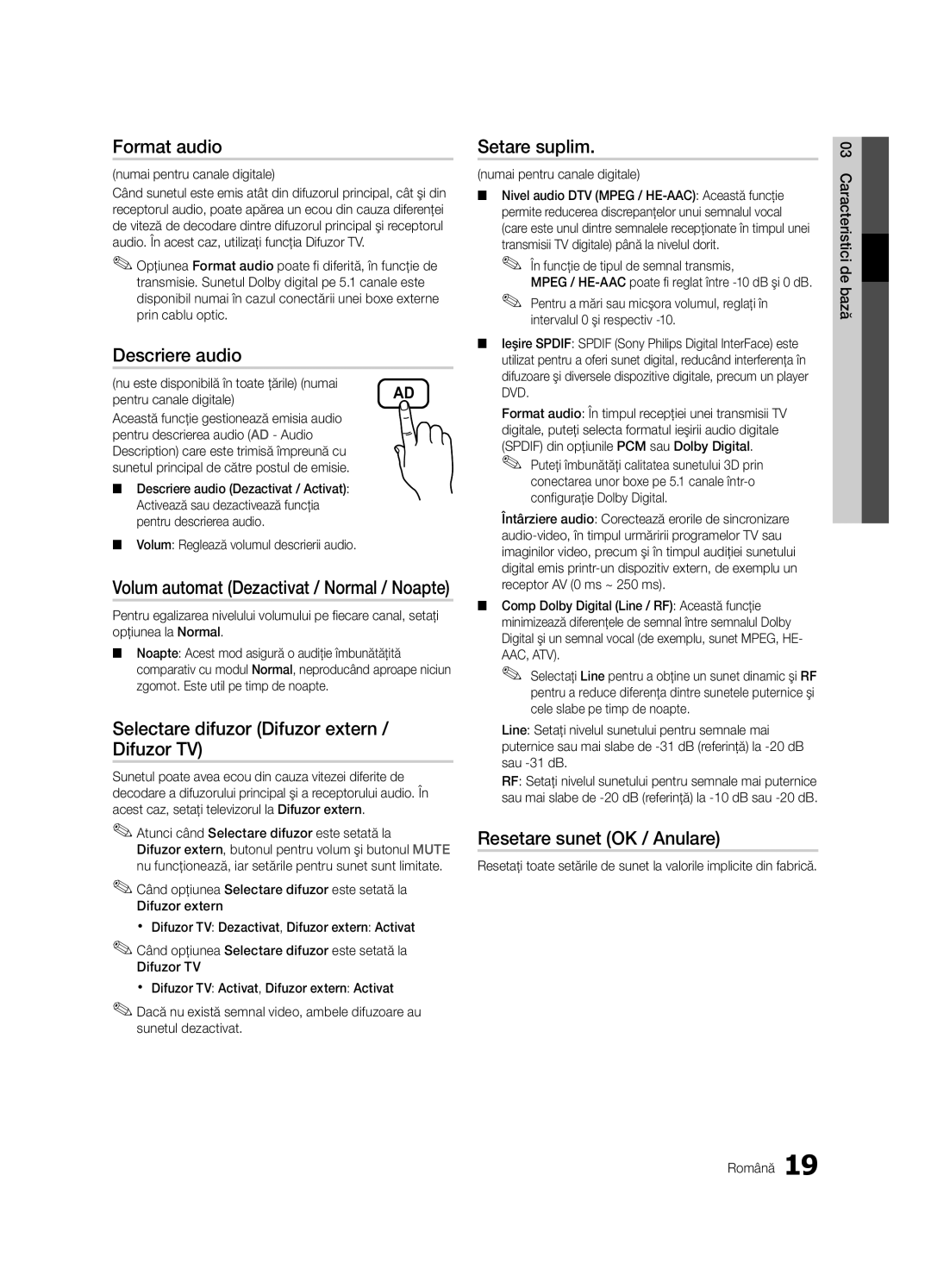 Samsung UE46C6620UWXXH manual Format audio, Descriere audio, Selectare difuzor Difuzor extern / Difuzor TV, Setare suplim 