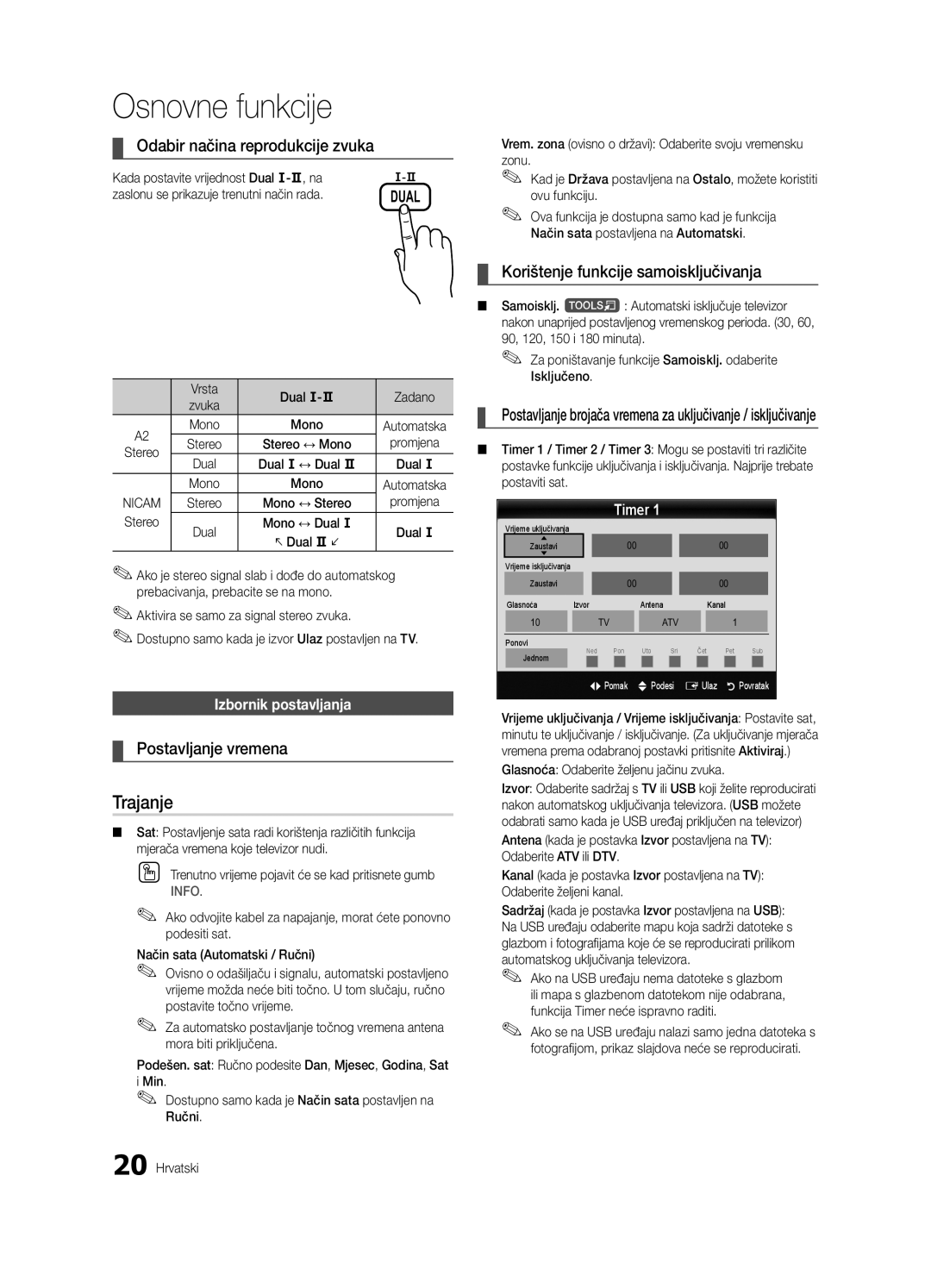 Samsung UE37C6600UWXXH, UE32C6600UWXXH, UE40C6600UWXXH Trajanje, Odabir načina reprodukcije zvuka, Postavljanje vremena 