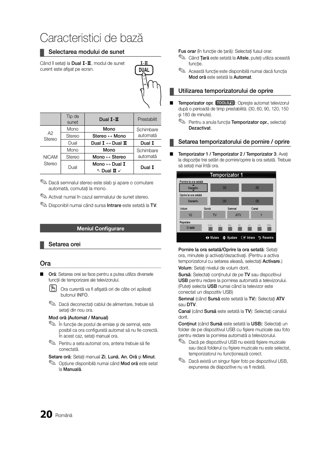 Samsung UE32C6600UWXXH manual Ora, Selectarea modului de sunet, Setarea orei, Utilizarea temporizatorului de oprire 