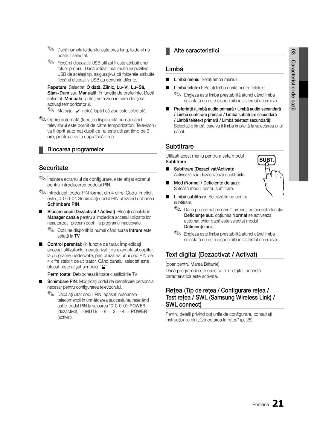 Samsung UE40C6600UWXXH manual Securitate, Limbă, Subtitrare, Text digital Dezactivat / Activat, Blocarea programelor 