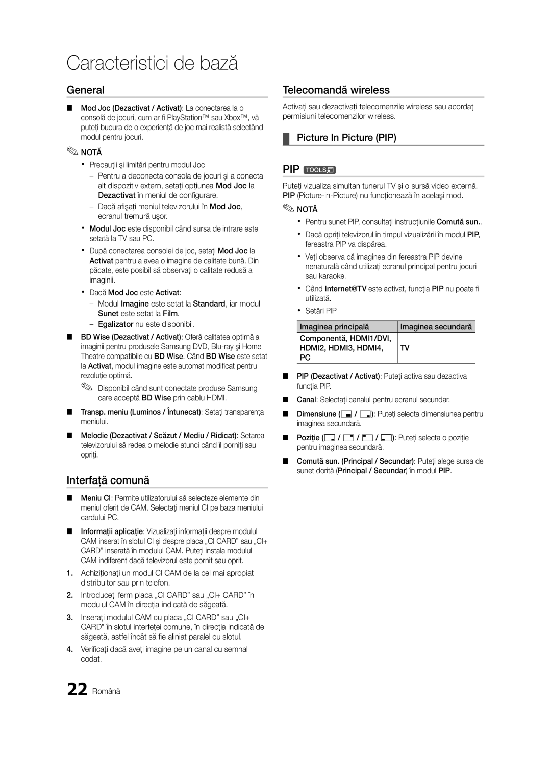 Samsung UE37C6620UWXXH, UE32C6600UWXXH manual General, Interfaţă comună, Telecomandă wireless, Picture In Picture PIP 