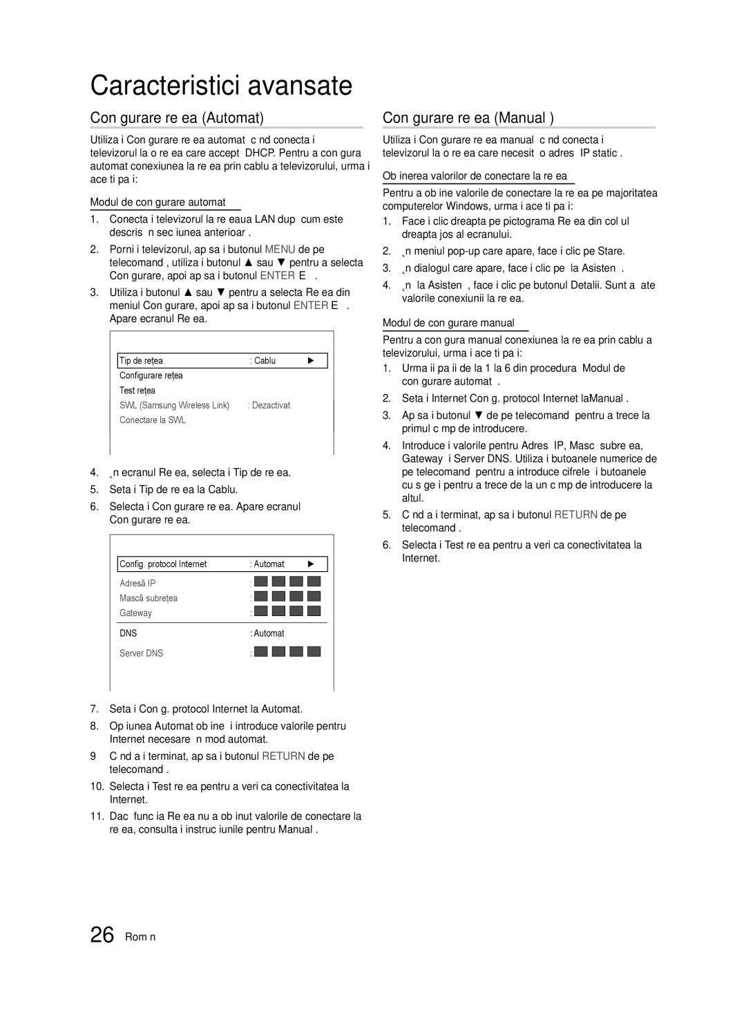 Samsung UE40C6620UWXXH, UE32C6600UWXXH, UE40C6600UWXXH manual Configurare reţea Automat, Configurare reţea Manuală, Reţea 