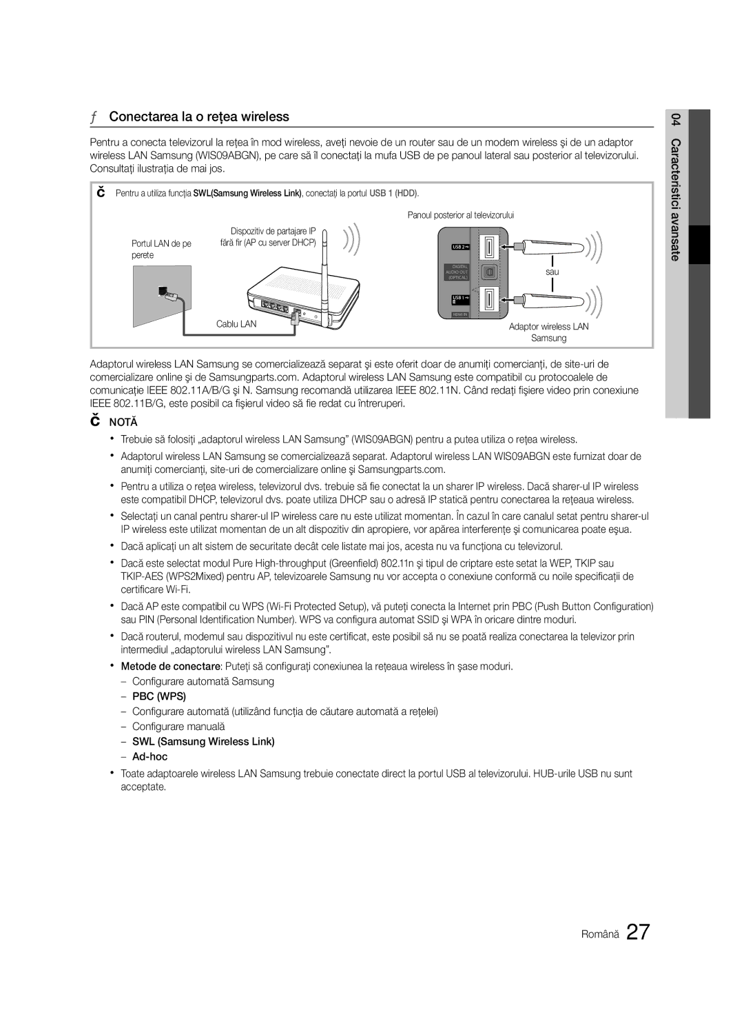 Samsung UE46C6620UWXXH, UE32C6600UWXXH, UE40C6600UWXXH manual Conectarea la o reţea wireless, Portul LAN de pe, Perete Sau 