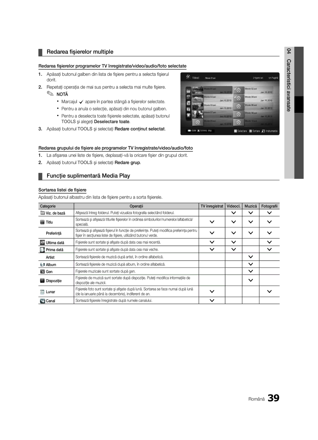 Samsung UE46C6600UWXXH, UE32C6600UWXXH, UE40C6600UWXXH manual Redarea fişierelor multiple, Funcţie suplimentară Media Play 