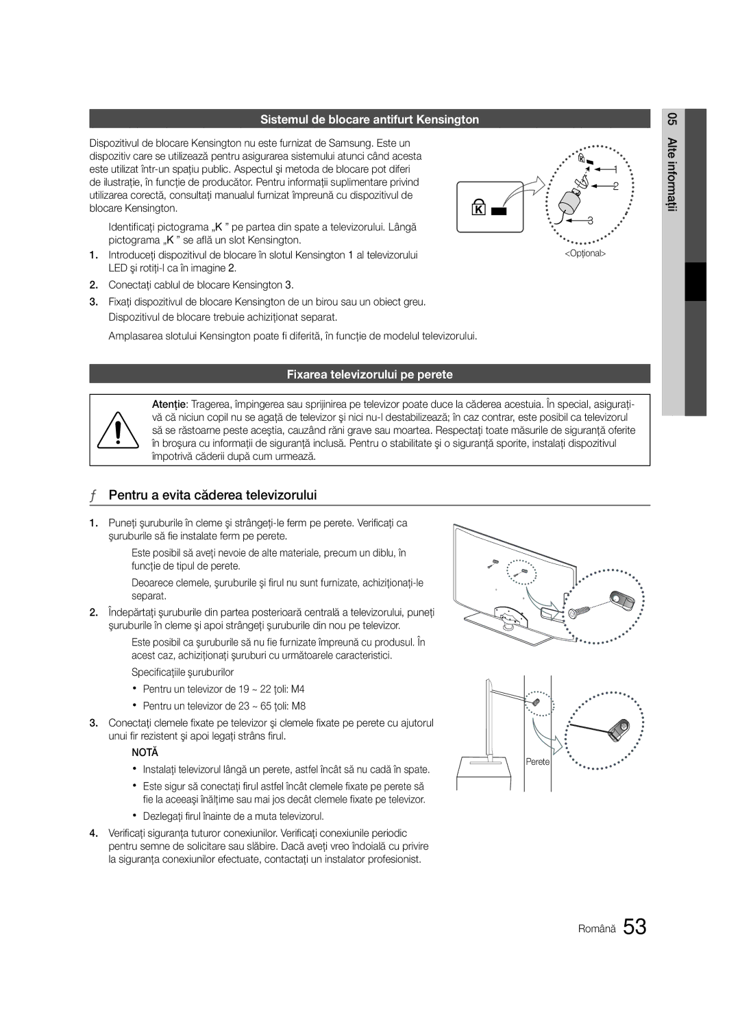 Samsung UE40C6600UWXXH manual Pentru a evita căderea televizorului, Sistemul de blocare antifurt Kensington, Opţional 