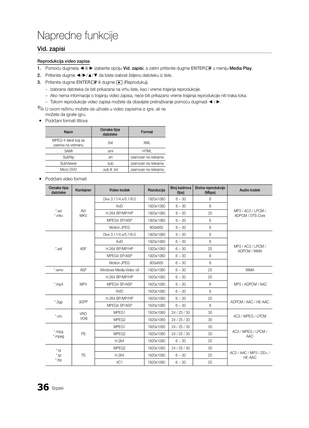 Samsung UE37C6600UWXXH Vid. zapisi, Naziv Oznaka tipa Format, Oznaka tipa Kontejner Video kodek Rezolucija Broj kadrova 