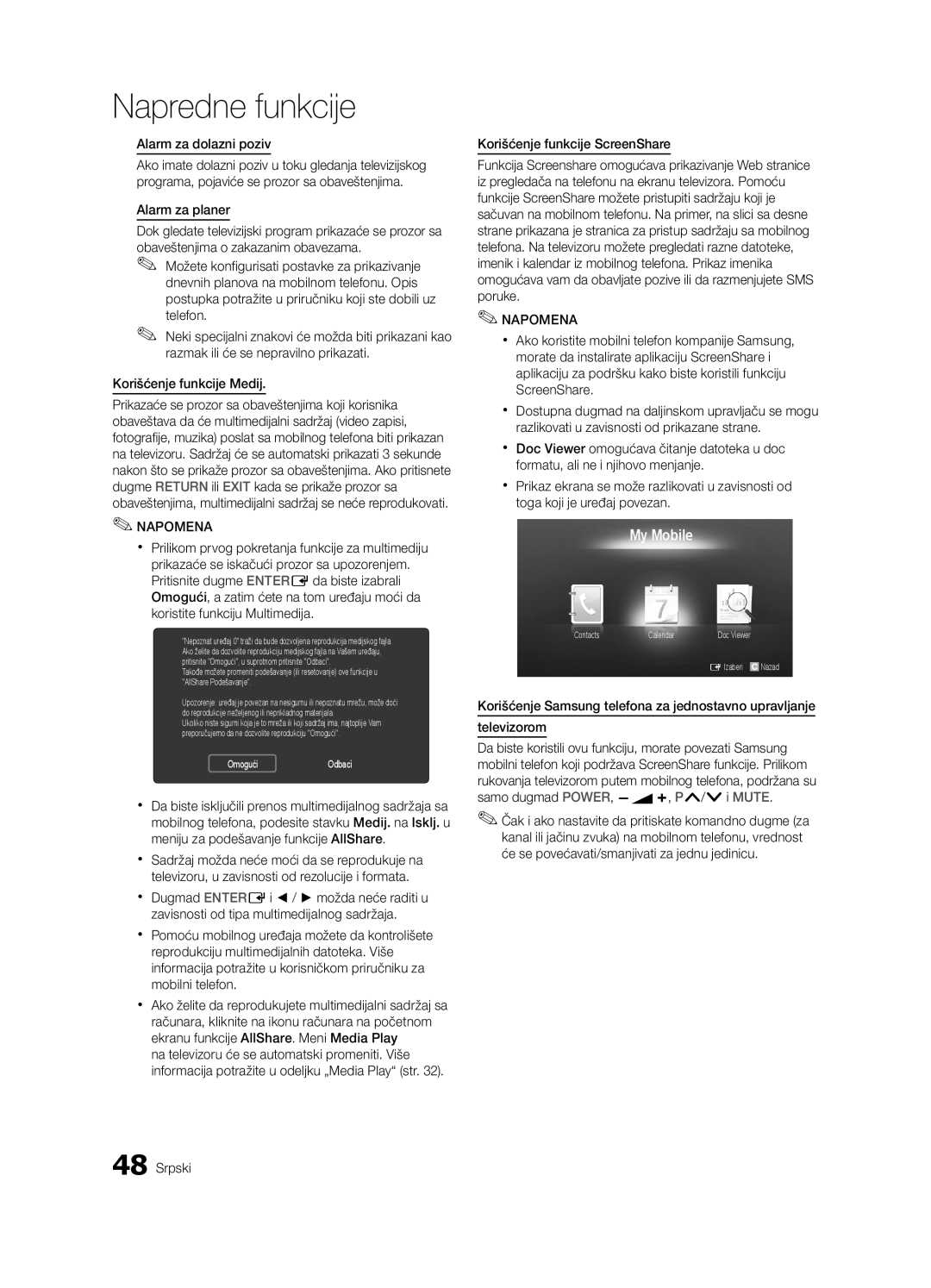 Samsung UE32C6600UWXXH, UE40C6600UWXXH manual Alarm za dolazni poziv, Alarm za planer, Korišćenje funkcije ScreenShare 