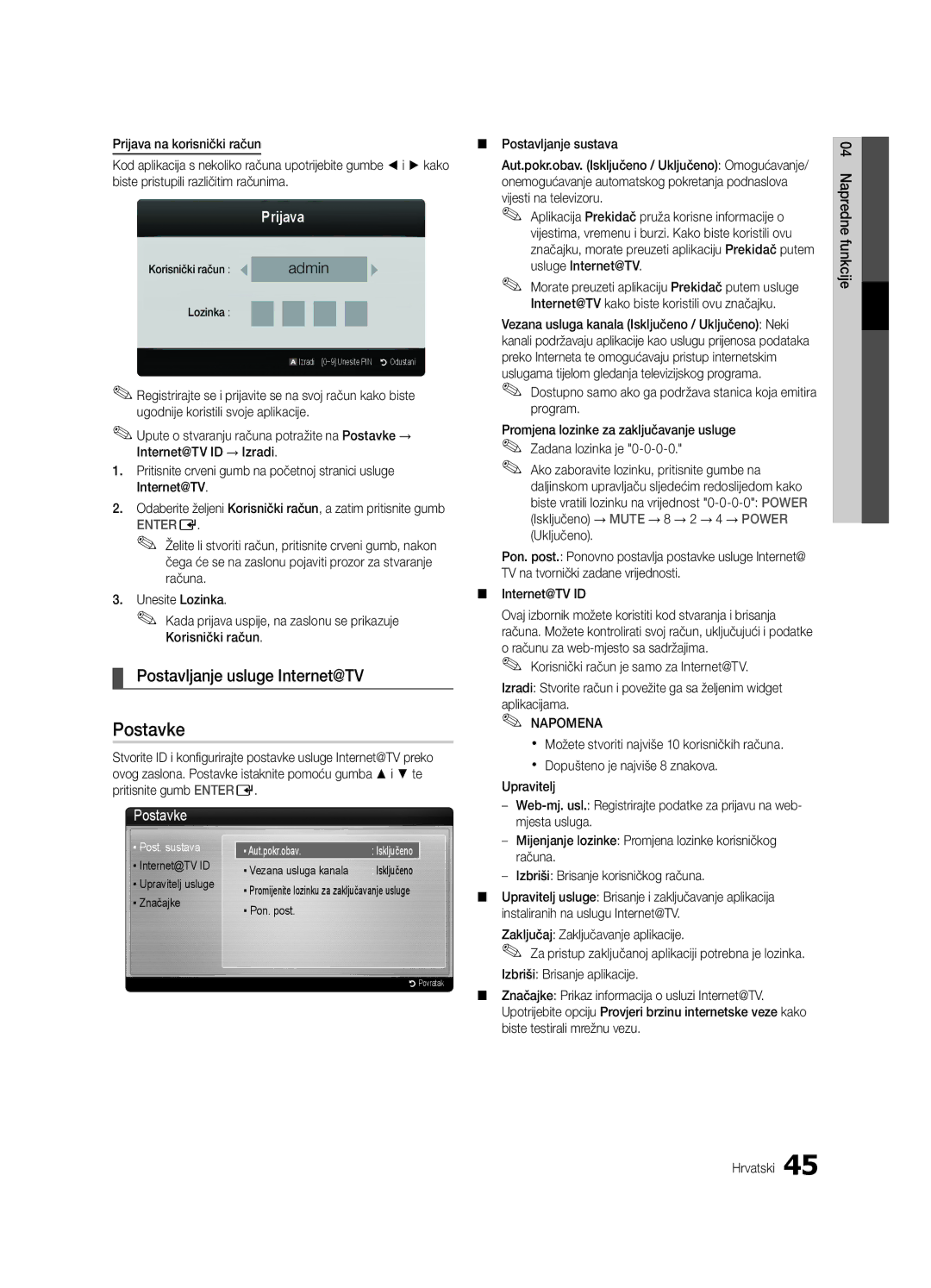 Samsung UE32C6620UWXXH, UE32C6600UWXXH manual Postavljanje usluge Internet@TV, Prijava, Upravitelj Napredne funkcije 