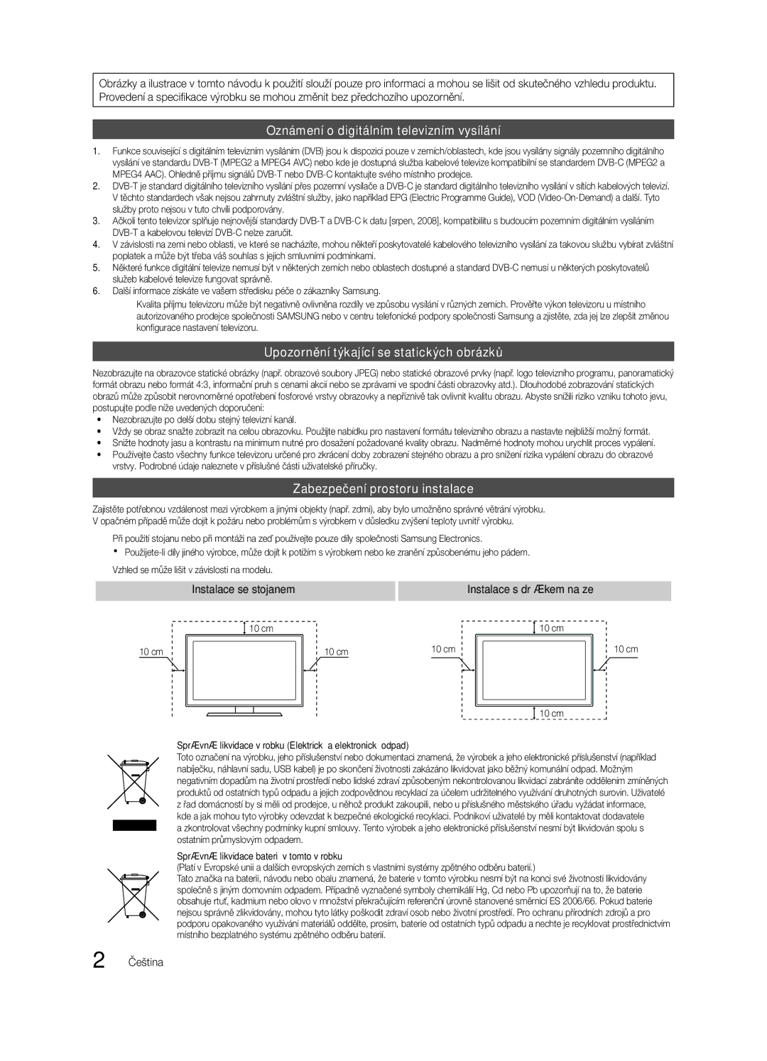 Samsung UE40C6620UWXXH, UE32C6600UWXXH, UE40C6600UWXXH manual Instalace se stojanem Instalace s držákem na zeď, Čeština 