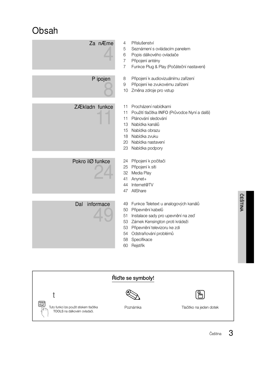 Samsung UE46C6620UWXXH, UE32C6600UWXXH, UE40C6600UWXXH manual Obsah, Řiďte se symboly, Poznámka, Tlačítko na jeden dotek 