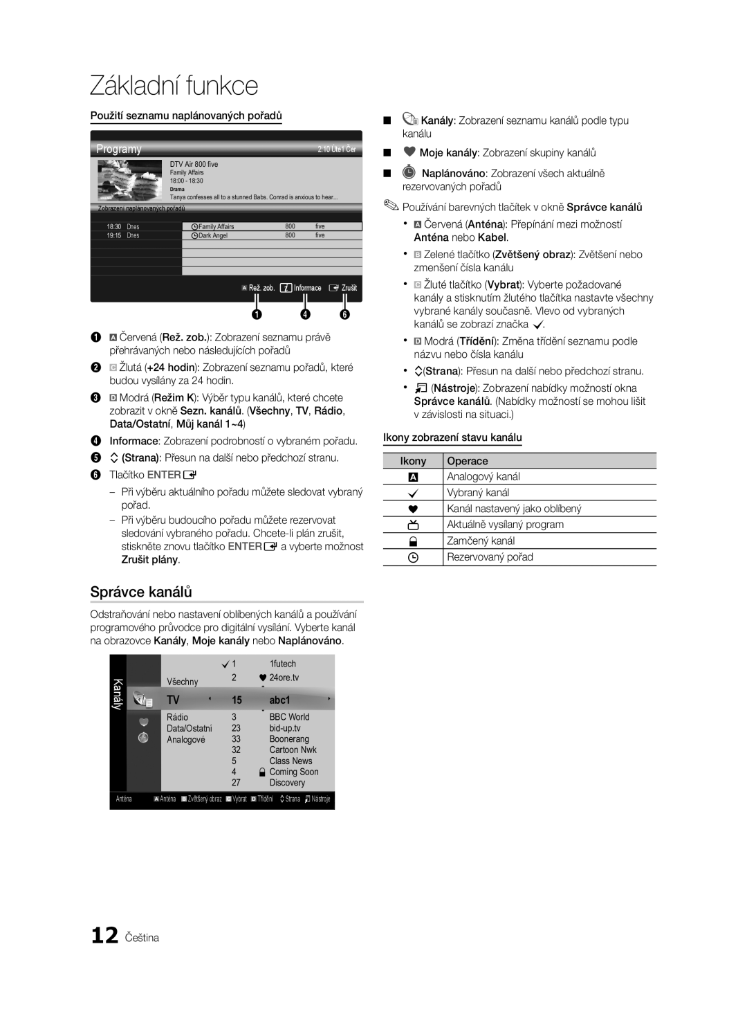 Samsung UE32C6600UWXXH, UE40C6600UWXXH manual Správce kanálů, Použití seznamu naplánovaných pořadů, Všechny 24ore.tv 