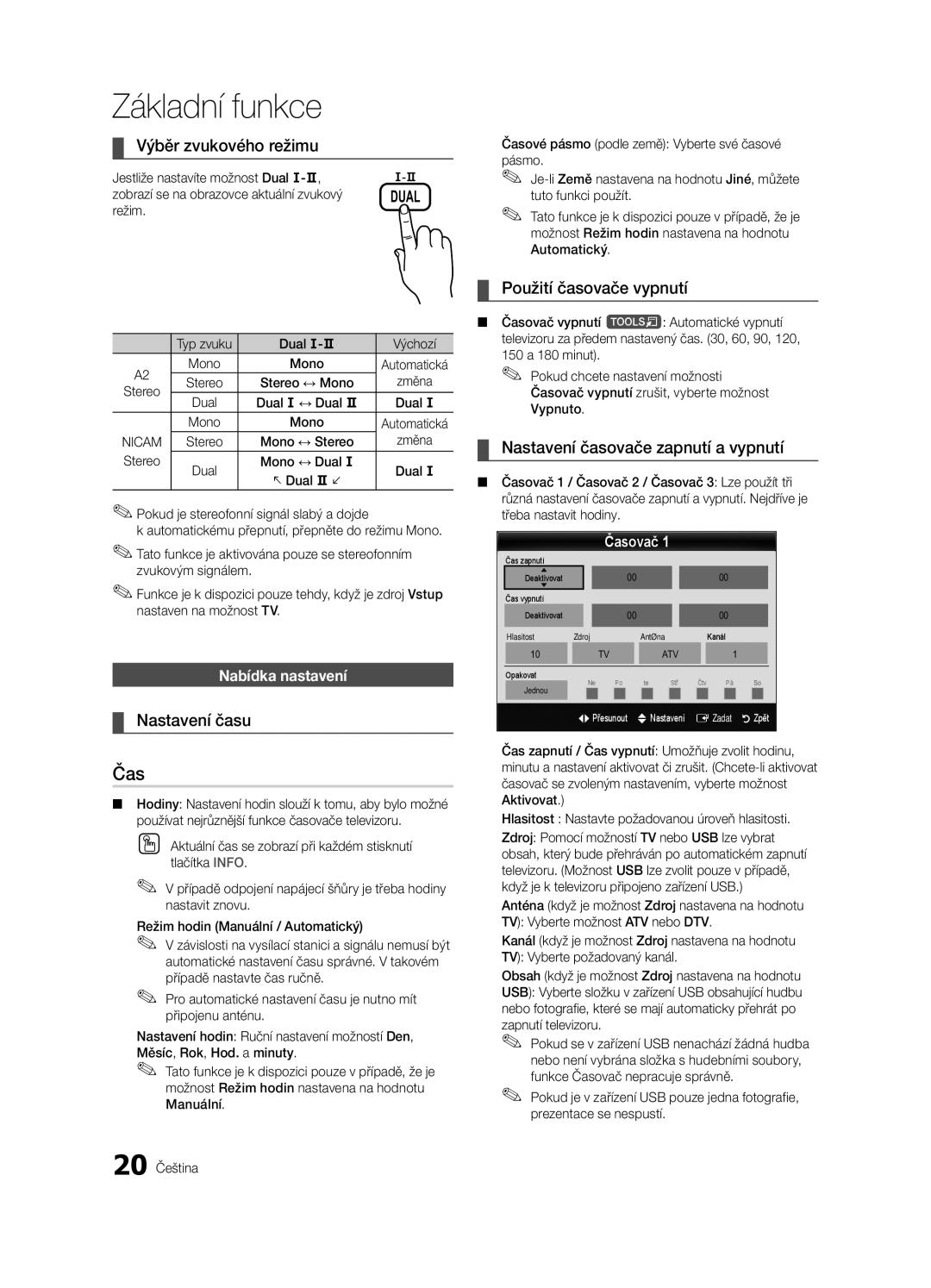 Samsung UE32C6600UWXXH, UE40C6600UWXXH manual Čas, Výběr zvukového režimu, Nastavení času, Použití časovače vypnutí 