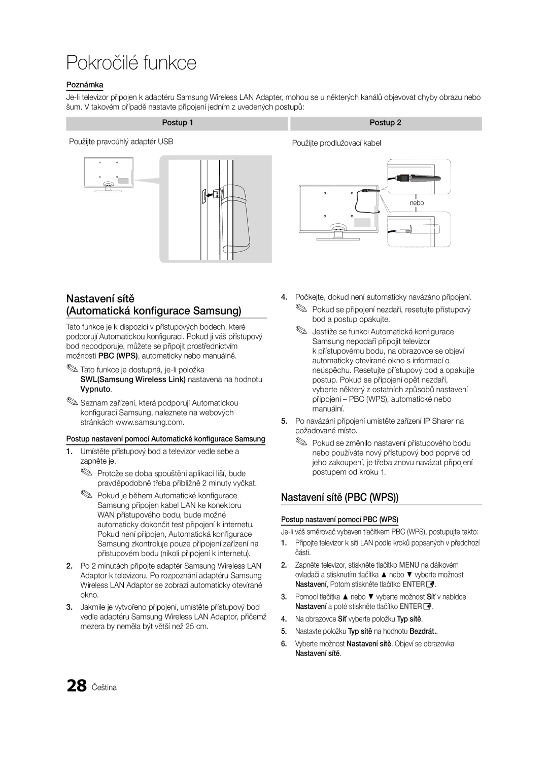 Samsung UE32C6600UWXXH manual Nastavení sítě Automatická konfigurace Samsung, Nastavení sítě PBC WPS, Bod a postup opakujte 