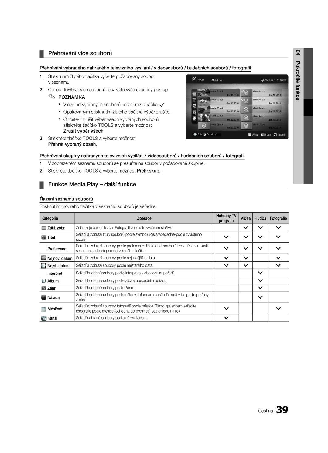 Samsung UE46C6600UWXXH, UE32C6600UWXXH, UE40C6600UWXXH manual Přehrávání více souborů, Funkce Media Play další funkce 