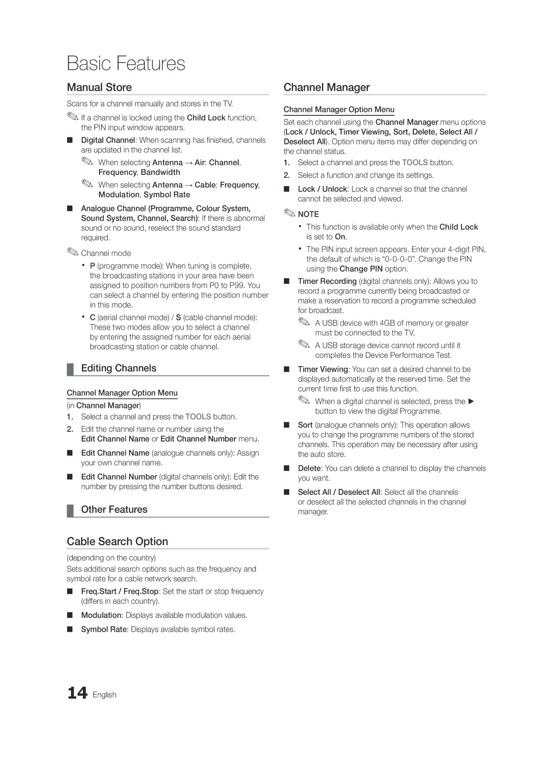 Samsung UE32C6620UKXXU manual Manual Store, Cable Search Option, Editing Channels, Other Features, Depending on the country 