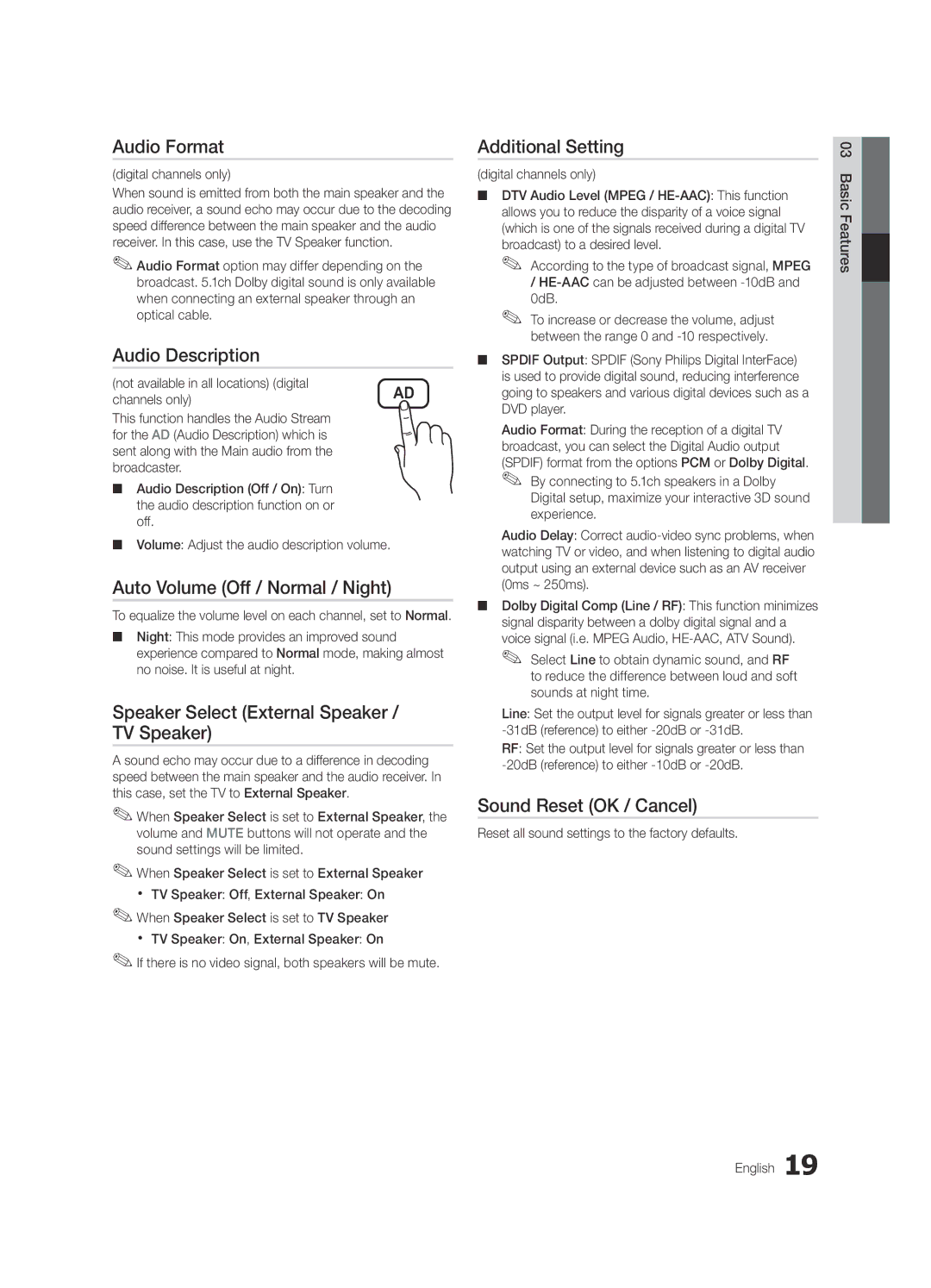 Samsung UE46C6620UKXXU manual Audio Format, Audio Description, Auto Volume Off / Normal / Night, Additional Setting 